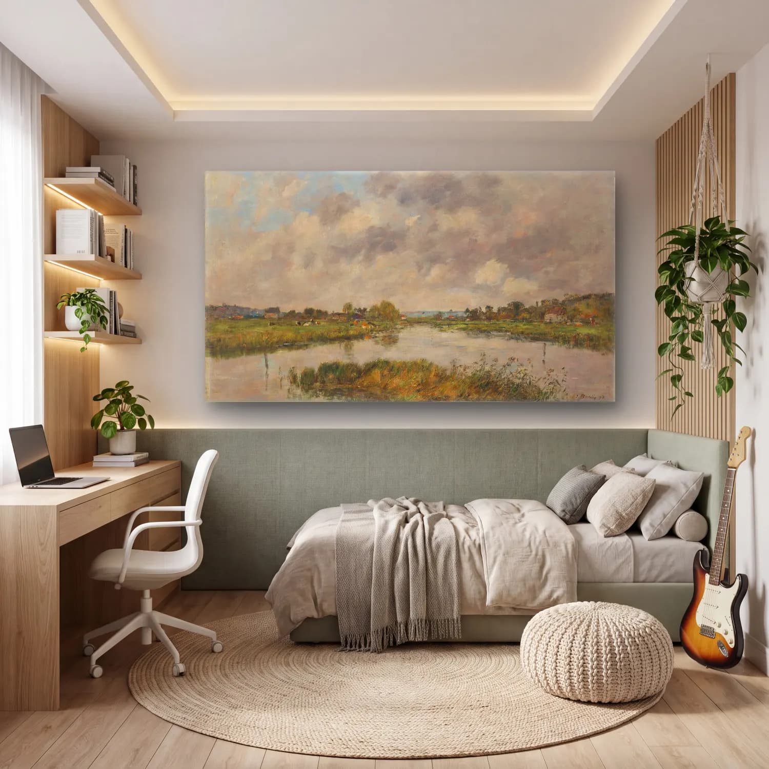 Empresyonist Kırda Nehir – Pastel Tonlar cam tablo — genç odasında