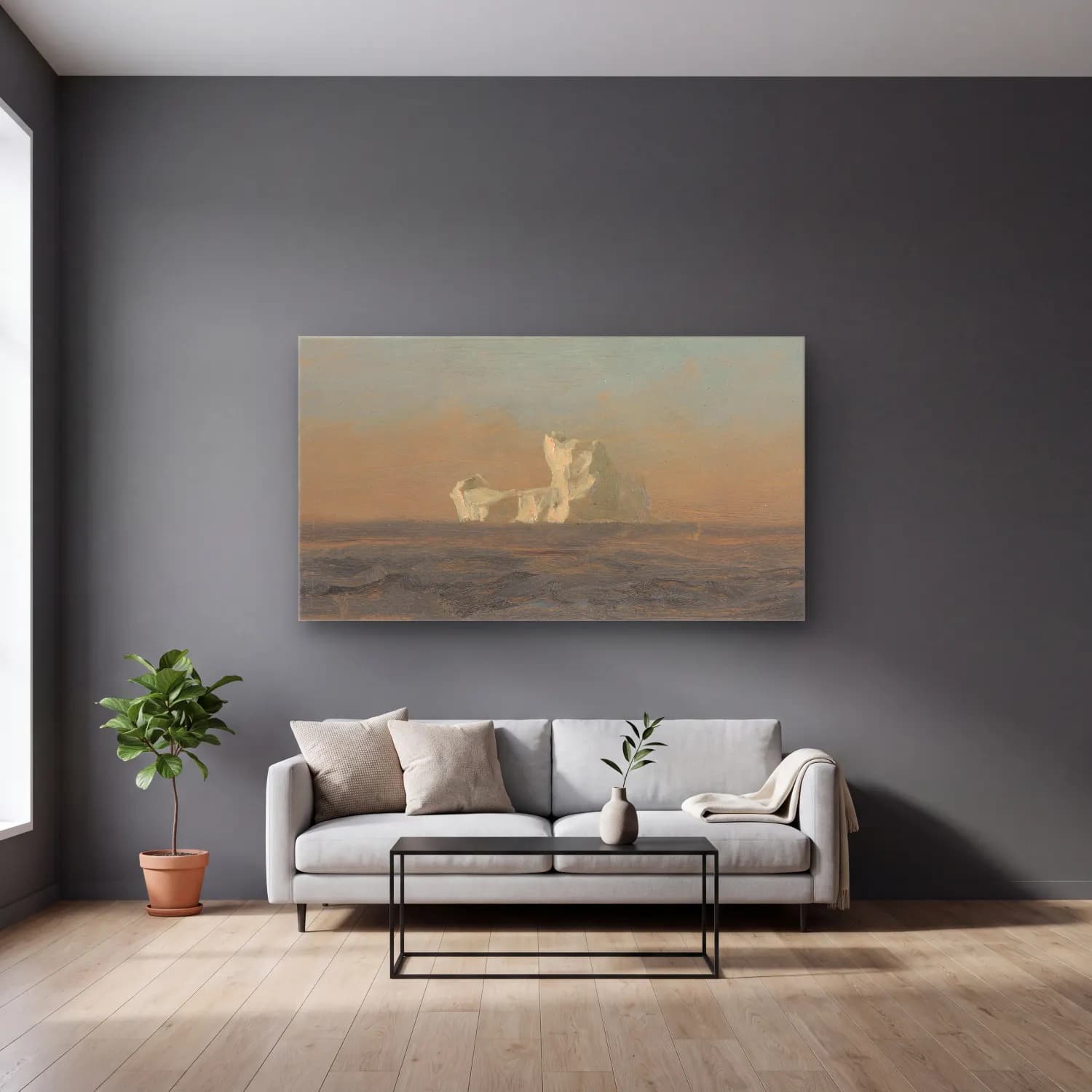 Frederic Edwin Church – Off Iceberg, Newfoundland cam tablo — gri duvarlı salonda