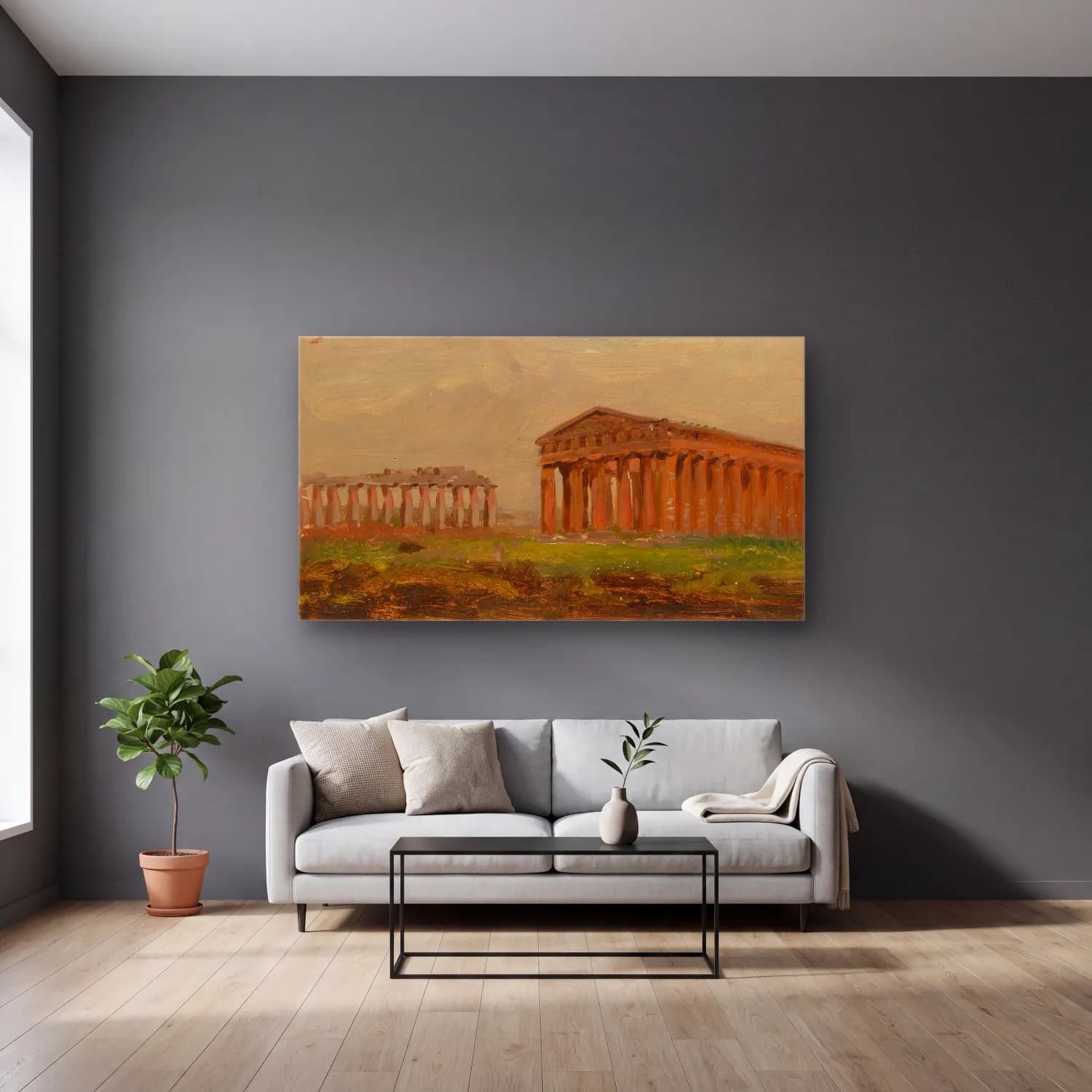 Frederic Edwin Church – Paestum, Temple of Neptune cam tablo — gri duvarlı salonda