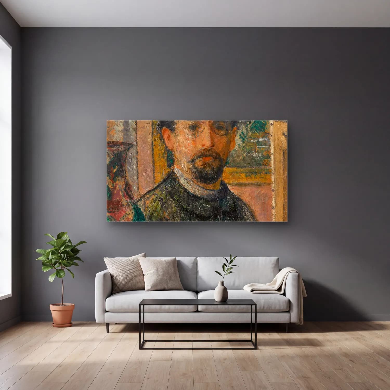 Gustave Loiseau – Autoportrait à la statuette (circa 1916-1917) cam tablo — gri duvarlı salonda