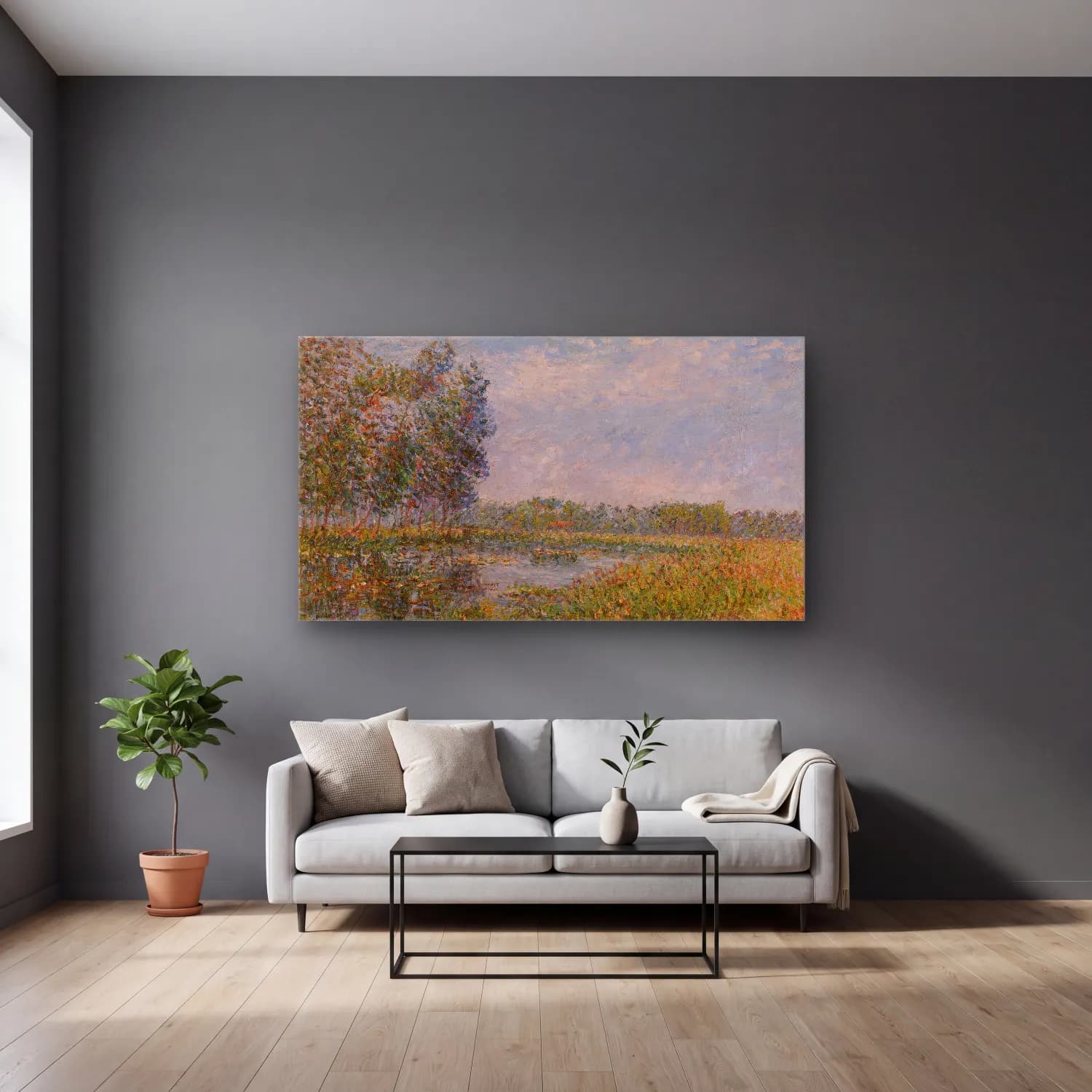 Gustave Loiseau – Bords de l’Eure, Normandie (Banks of the Eure, Normandy) cam tablo — gri duvarlı salonda