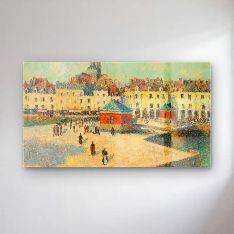 Gustave Loiseau – Dieppe, Le Quai De Carenage cam tablo — Gustave Loiseau – Dieppe, Le Quai De Carenage — empresyonist kafeli avrupa sokağı