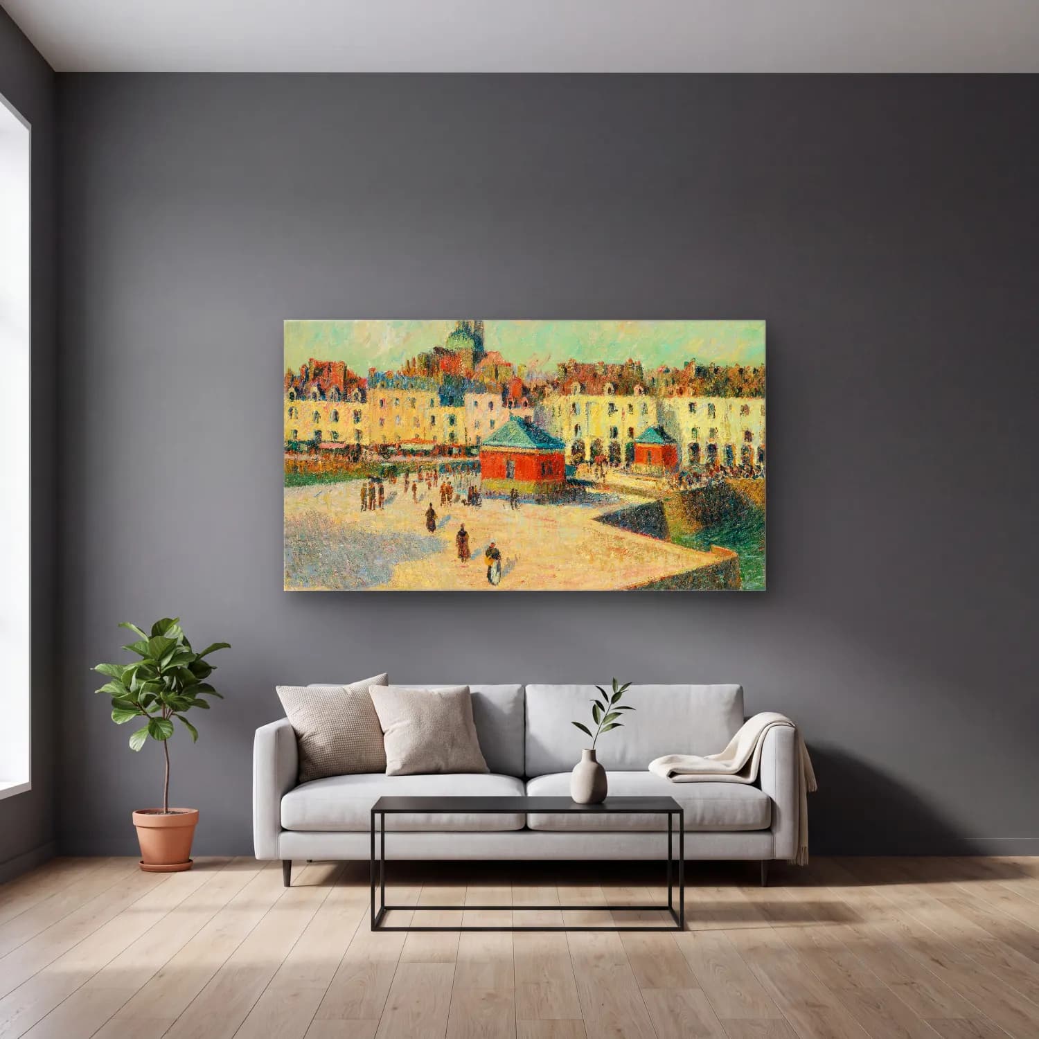 Gustave Loiseau – Dieppe, Le Quai De Carenage cam tablo — gri duvarlı salonda