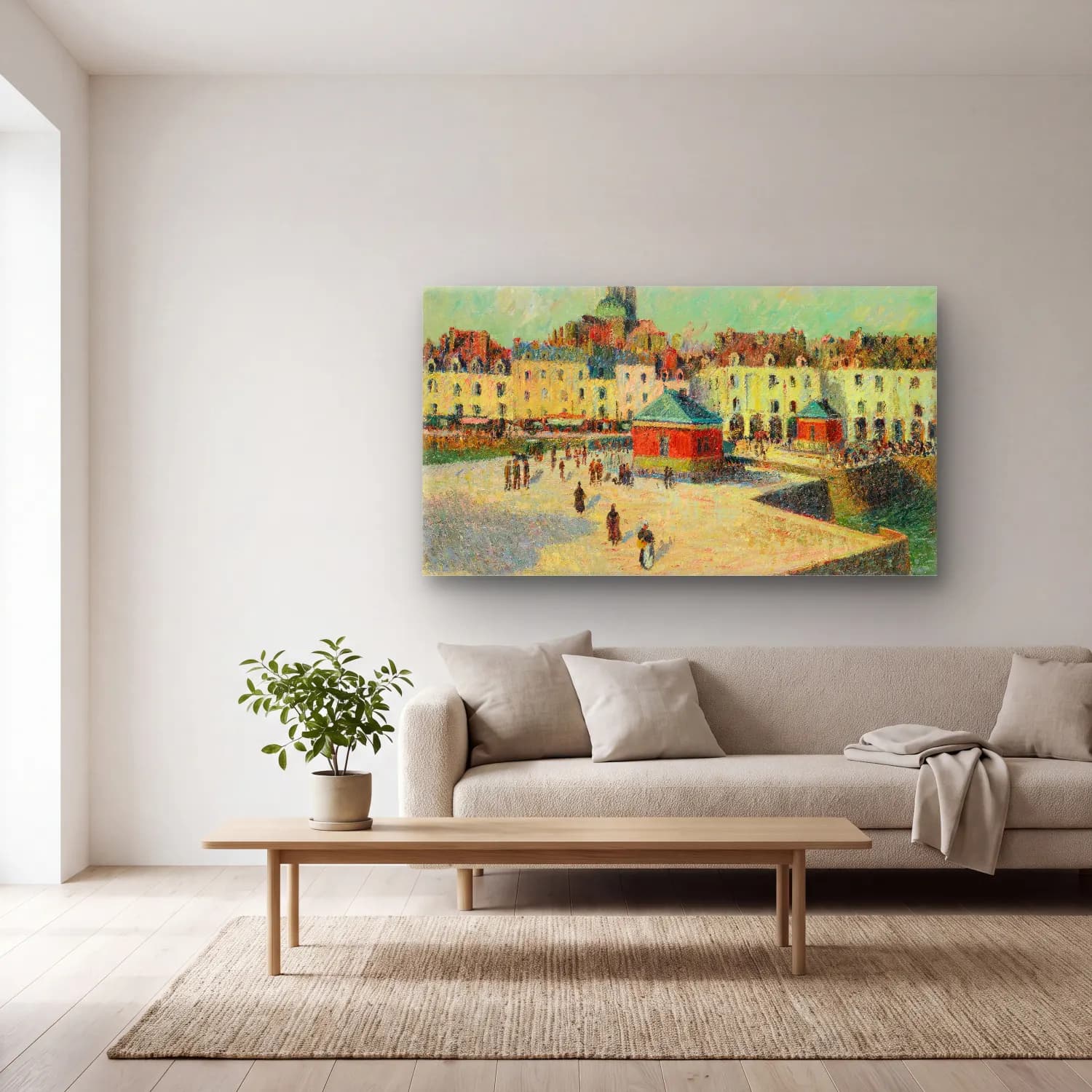 Gustave Loiseau – Dieppe, Le Quai De Carenage cam tablo — açık renk salonda