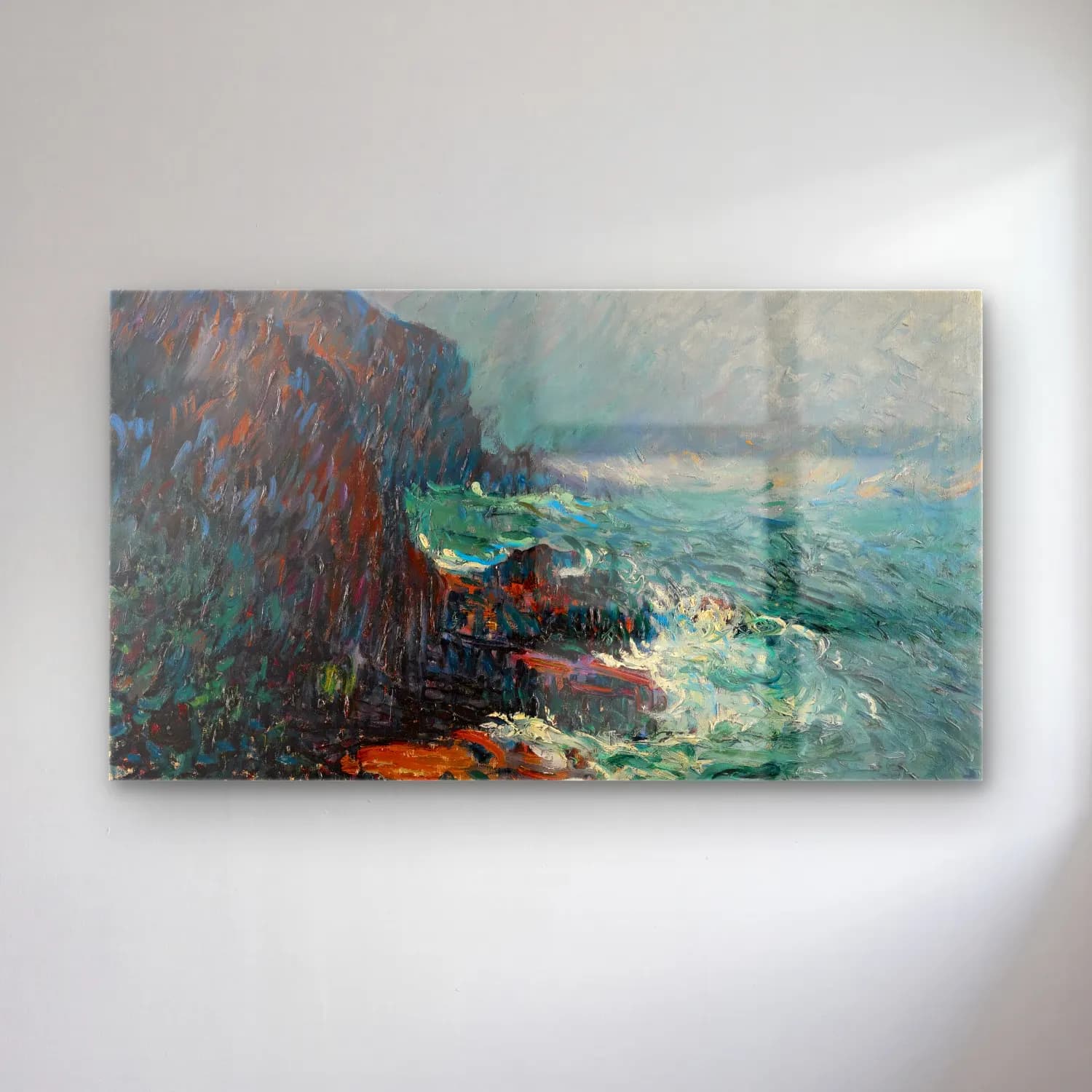 Gustave Loiseau – Falaises En Normandie cam tablo — Gustave Loiseau – Falaises En Normandie — empresyonist fırtınalı denizde gemi