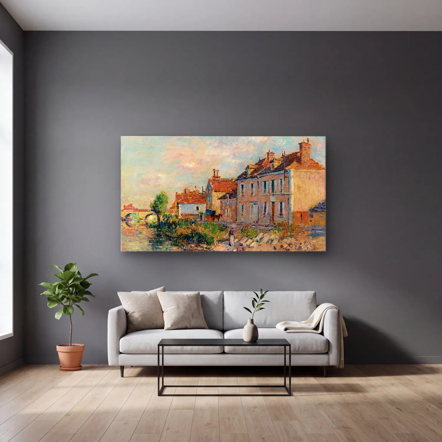 Gustave Loiseau – Le Quai Saint-Martin, Auxerre cam tablo — gri duvarlı salonda