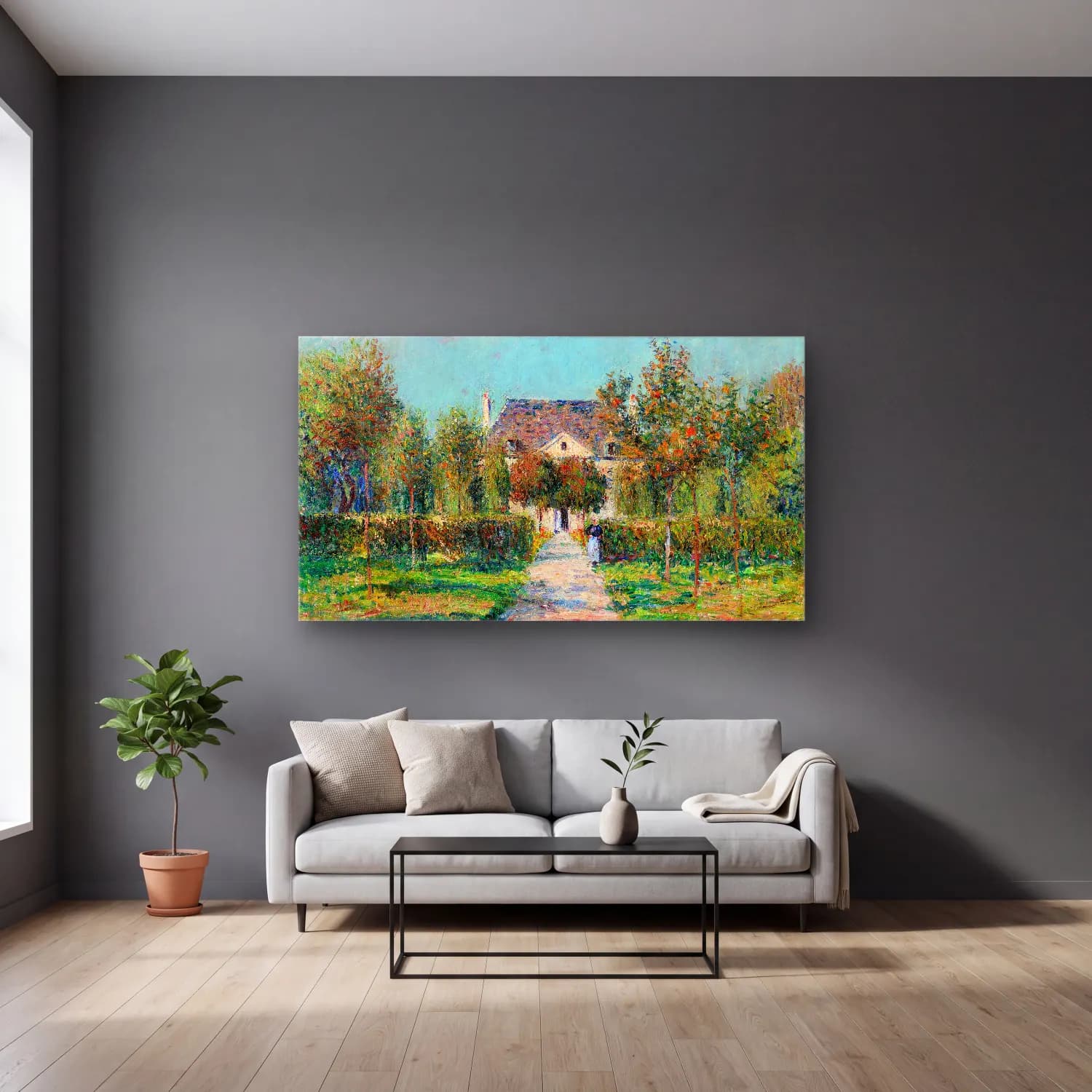 Gustave Loiseau – L’hôtel de Mademoiselle Ernestine, Saint-Jouin (Finistère) cam tablo — gri duvarlı salonda
