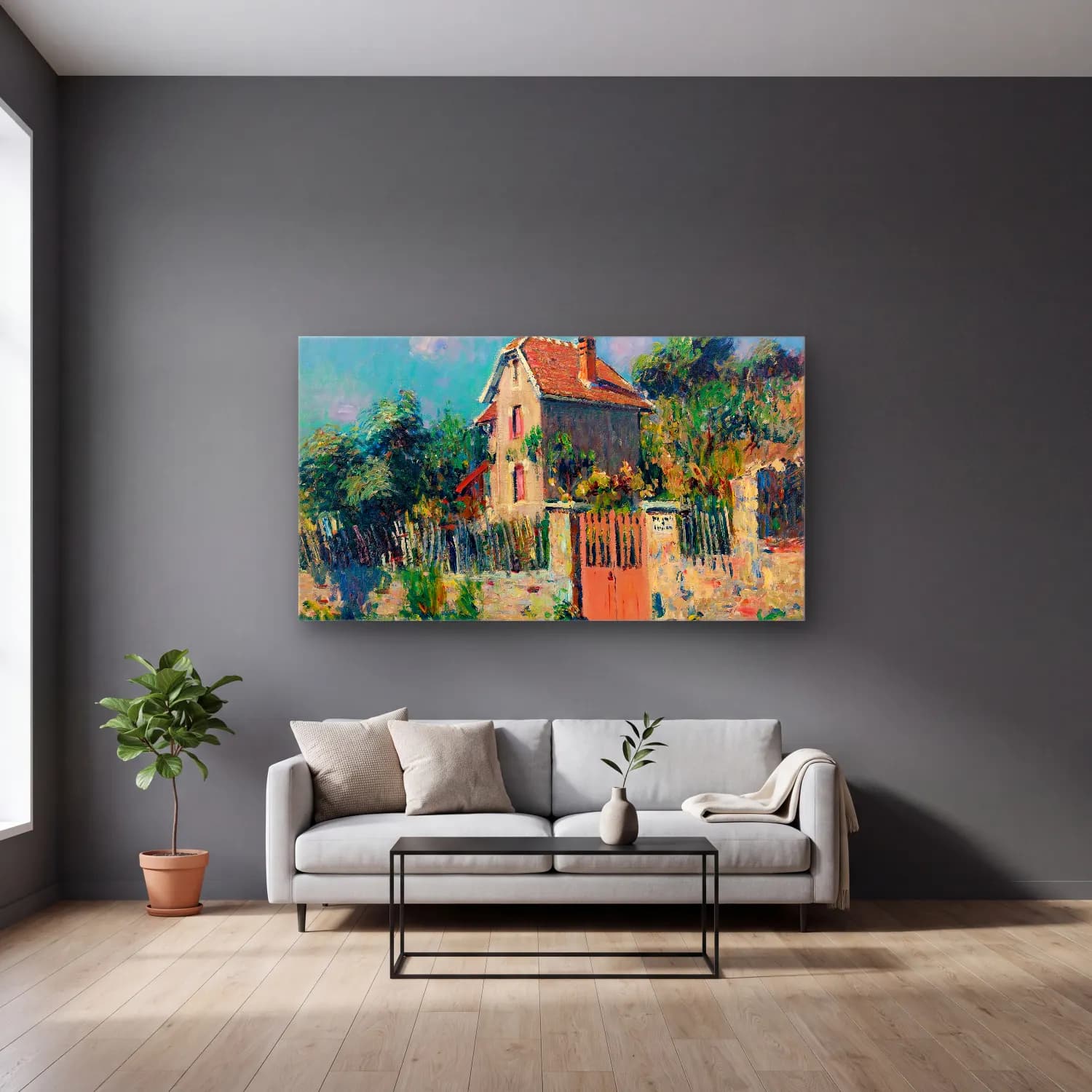 Gustave Loiseau – Maison À La Grille Rose, Environs De Pontoise cam tablo — gri duvarlı salonda