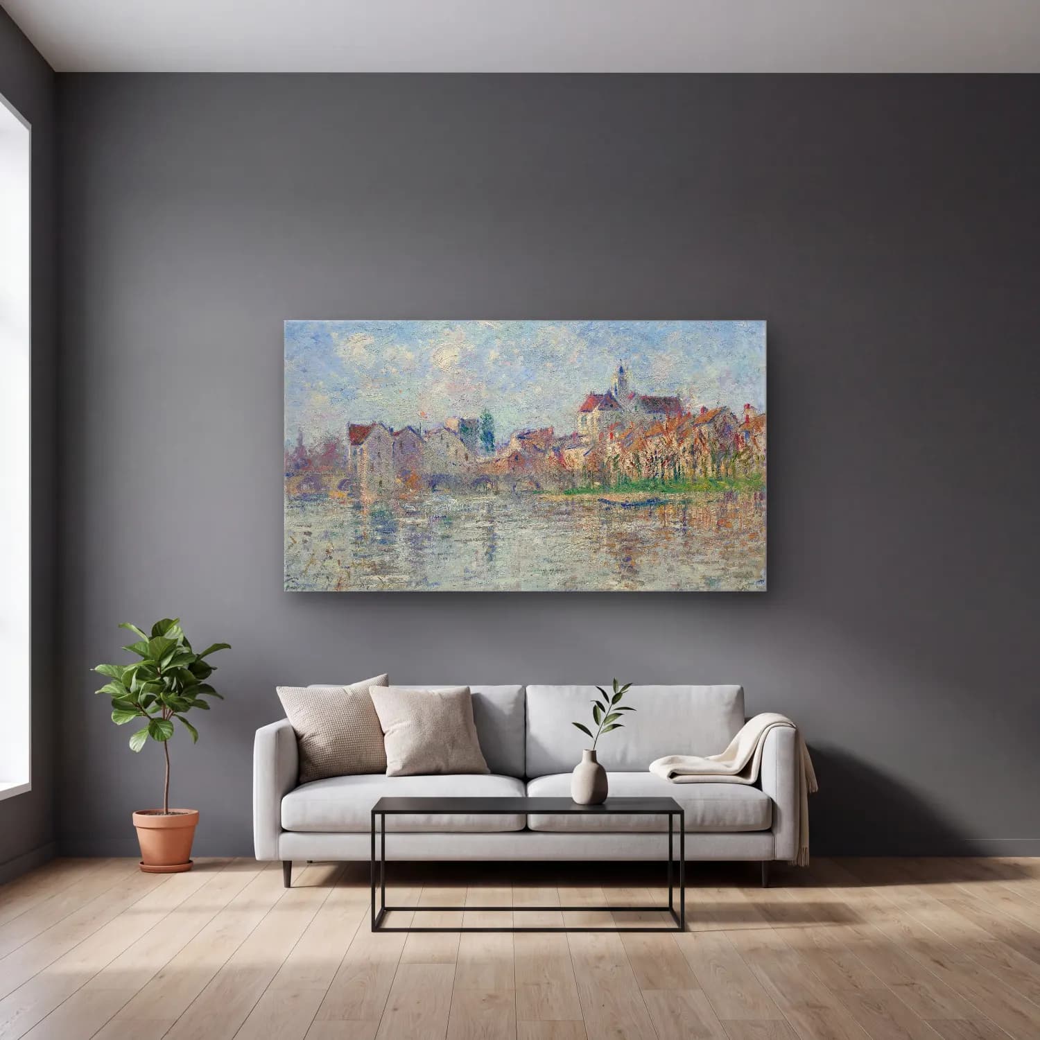 Gustave Loiseau – Moret-sur-Loing (circa 1932) cam tablo — gri duvarlı salonda