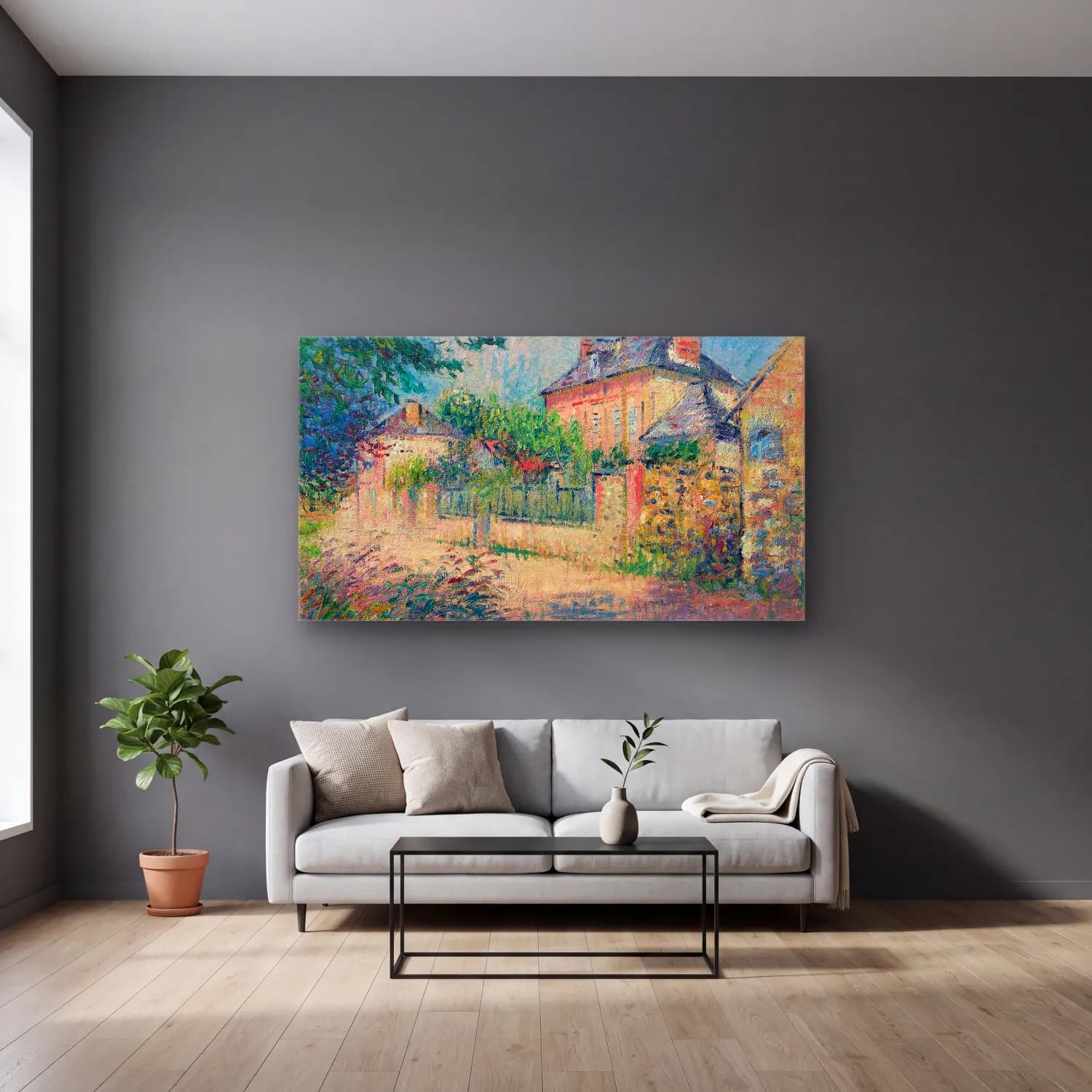 Gustave Loiseau – Rue de village cam tablo — gri duvarlı salonda