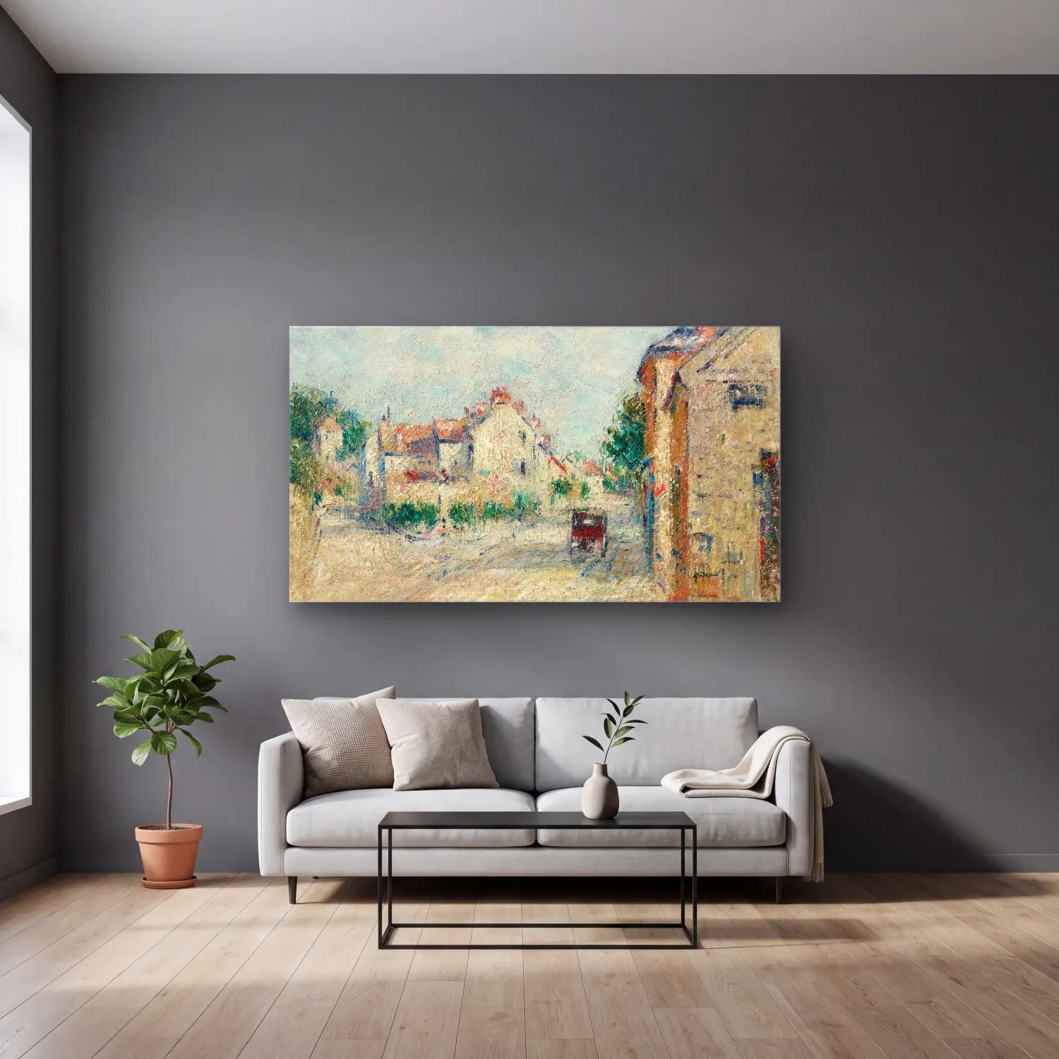 Gustave Loiseau – Rue de village en Normandie cam tablo — gri duvarlı salonda