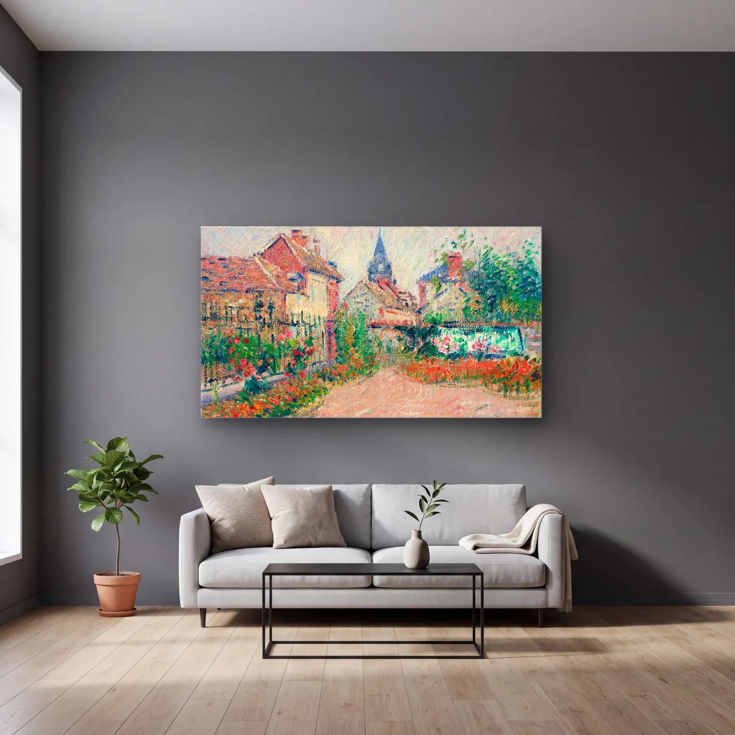 Gustave Loiseau – Vue de Saint-Cyr-du-Vaudreuil, Eure cam tablo — gri duvarlı salonda