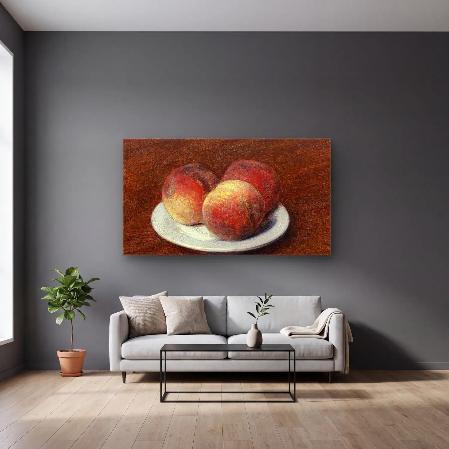 Henri Fantin-Latour – Three Peaches on a Plate cam tablo — gri duvarlı salonda