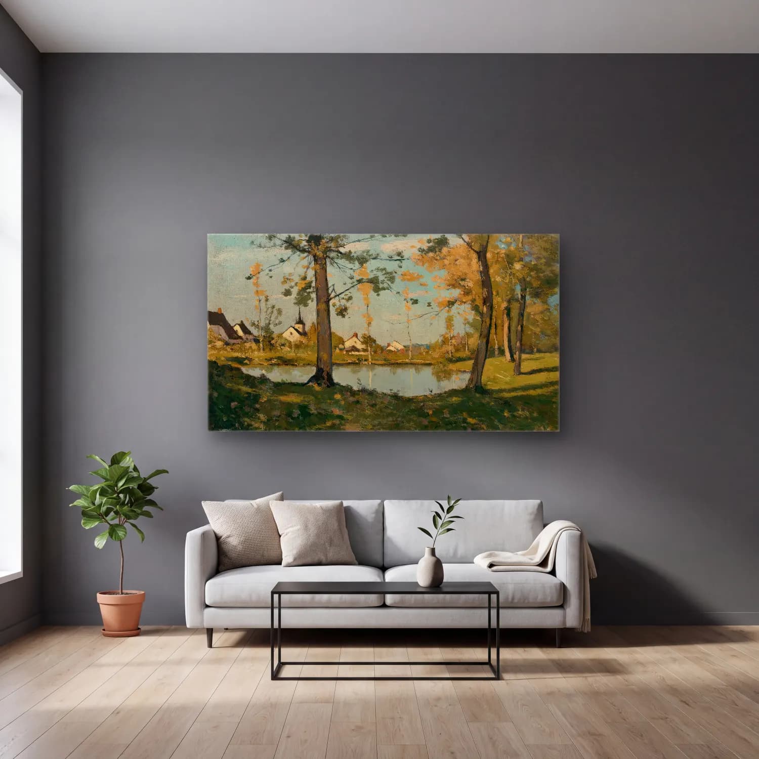 Henri-Joseph Harpignies – Autumn At Saint-Privé cam tablo — gri duvarlı salonda