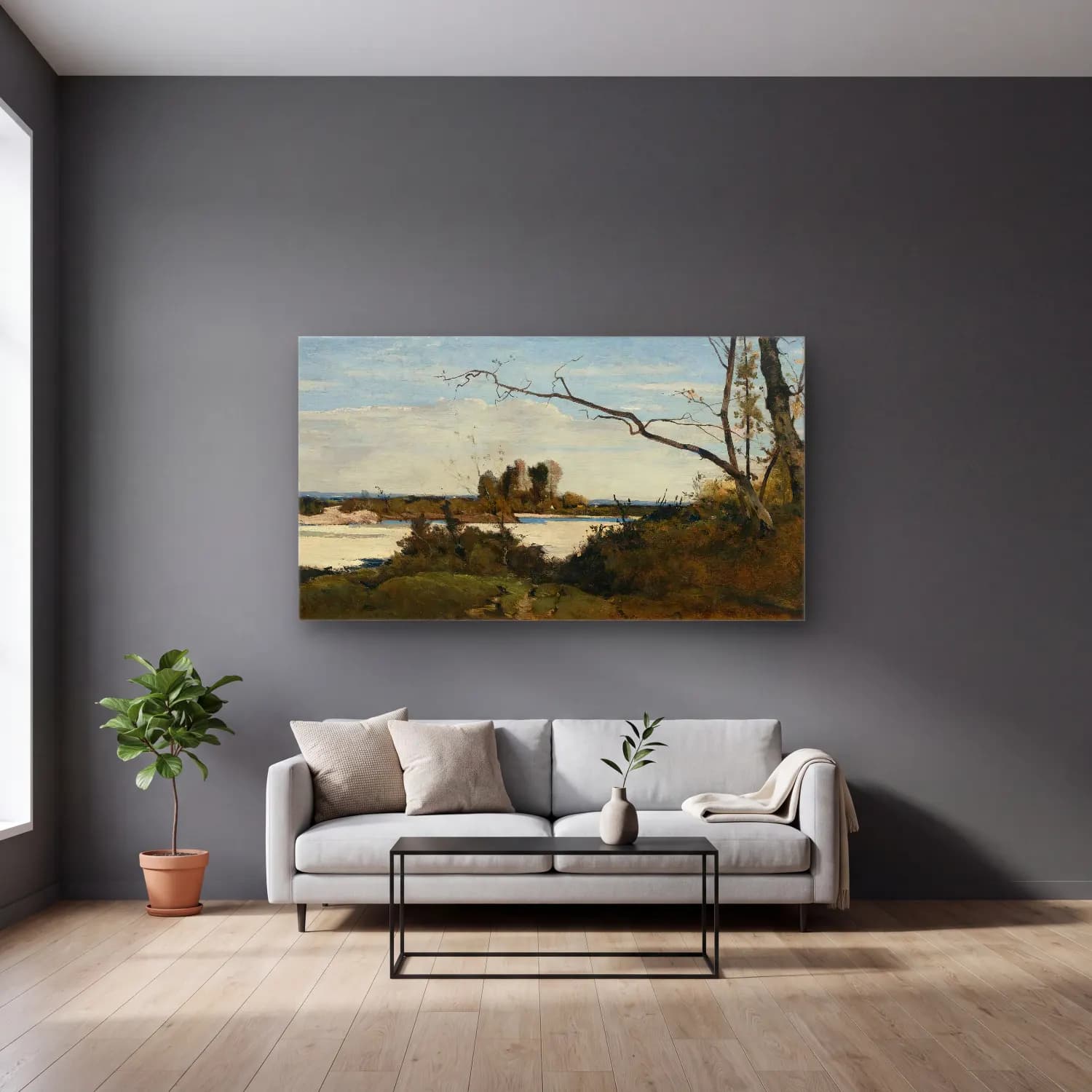 Henri-Joseph Harpignies – Bords De La Loire (Study For Les Corbeaux, Paysage) cam tablo — gri duvarlı salonda