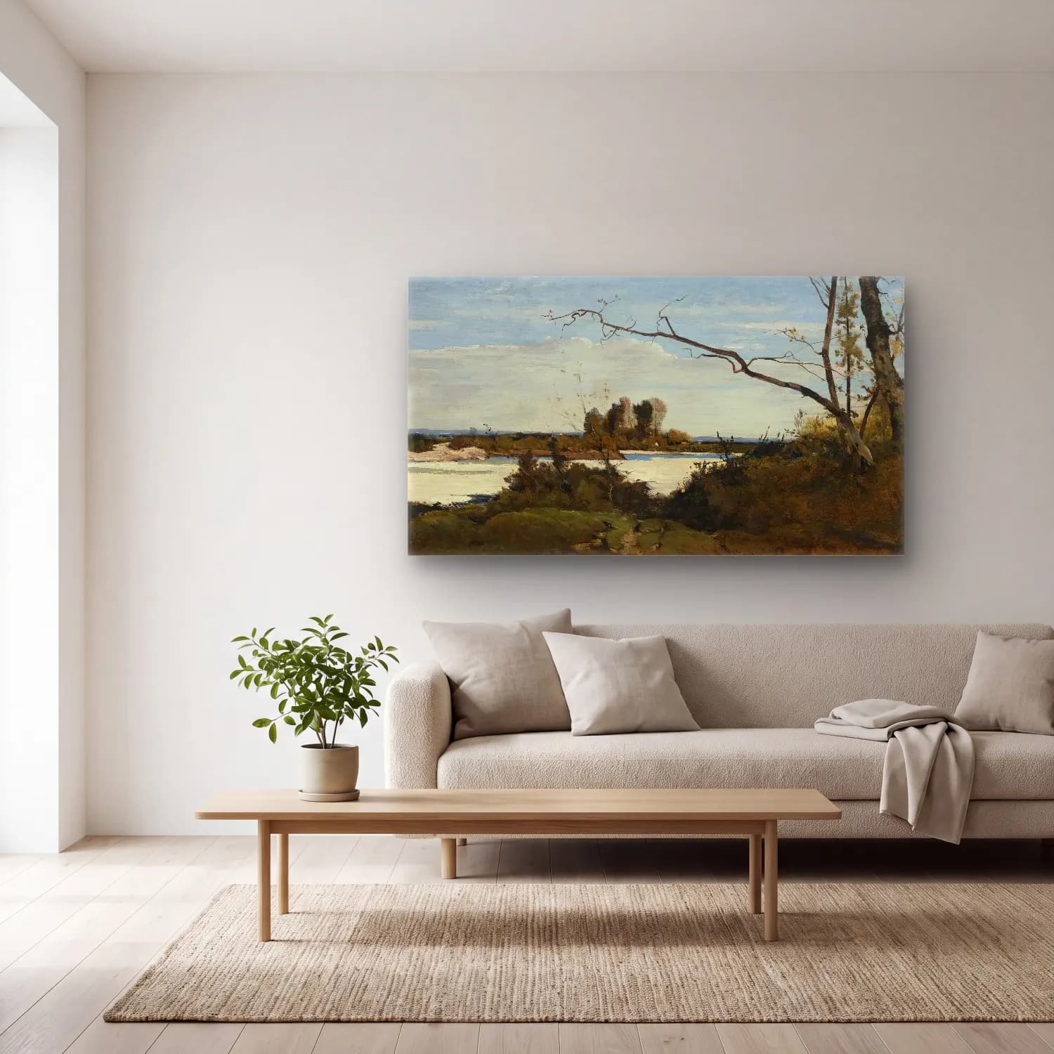 Henri-Joseph Harpignies – Bords De La Loire (Study For Les Corbeaux, Paysage) cam tablo — açık renk salonda