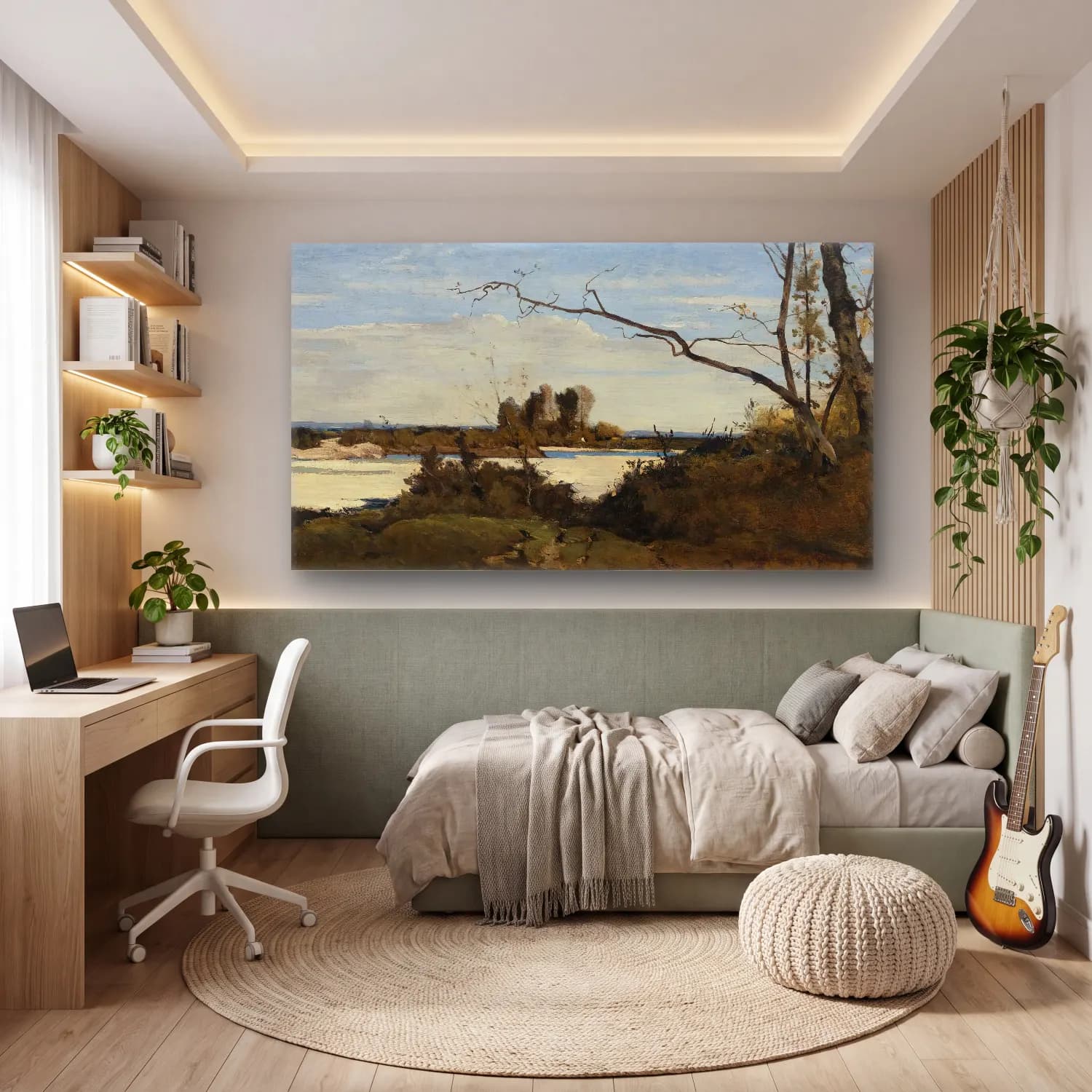 Henri-Joseph Harpignies – Bords De La Loire (Study For Les Corbeaux, Paysage) cam tablo — genç odasında