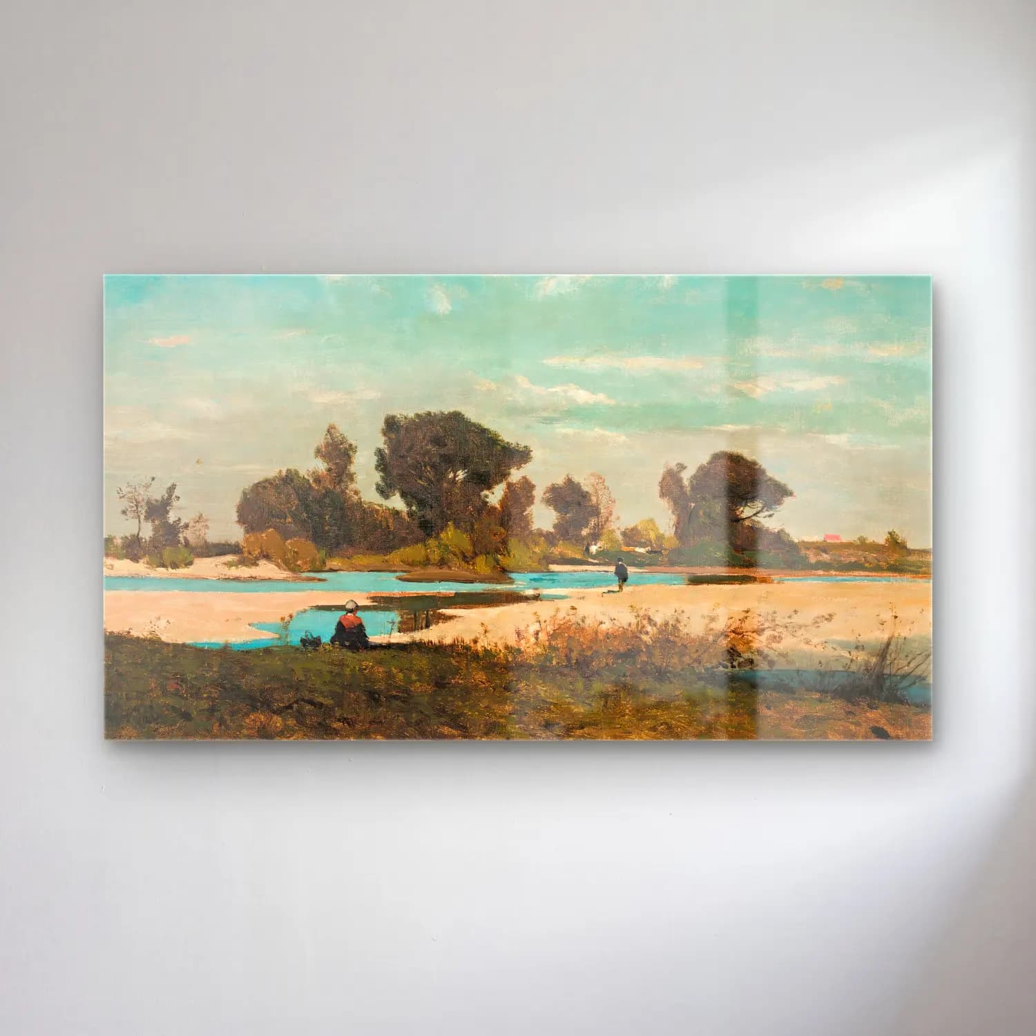 Henri-Joseph Harpignies – Paysage – Bej Tonlar cam tablo — Henri-Joseph Harpignies – Paysage – Bej Tonlar — empresyonist kırda nehir