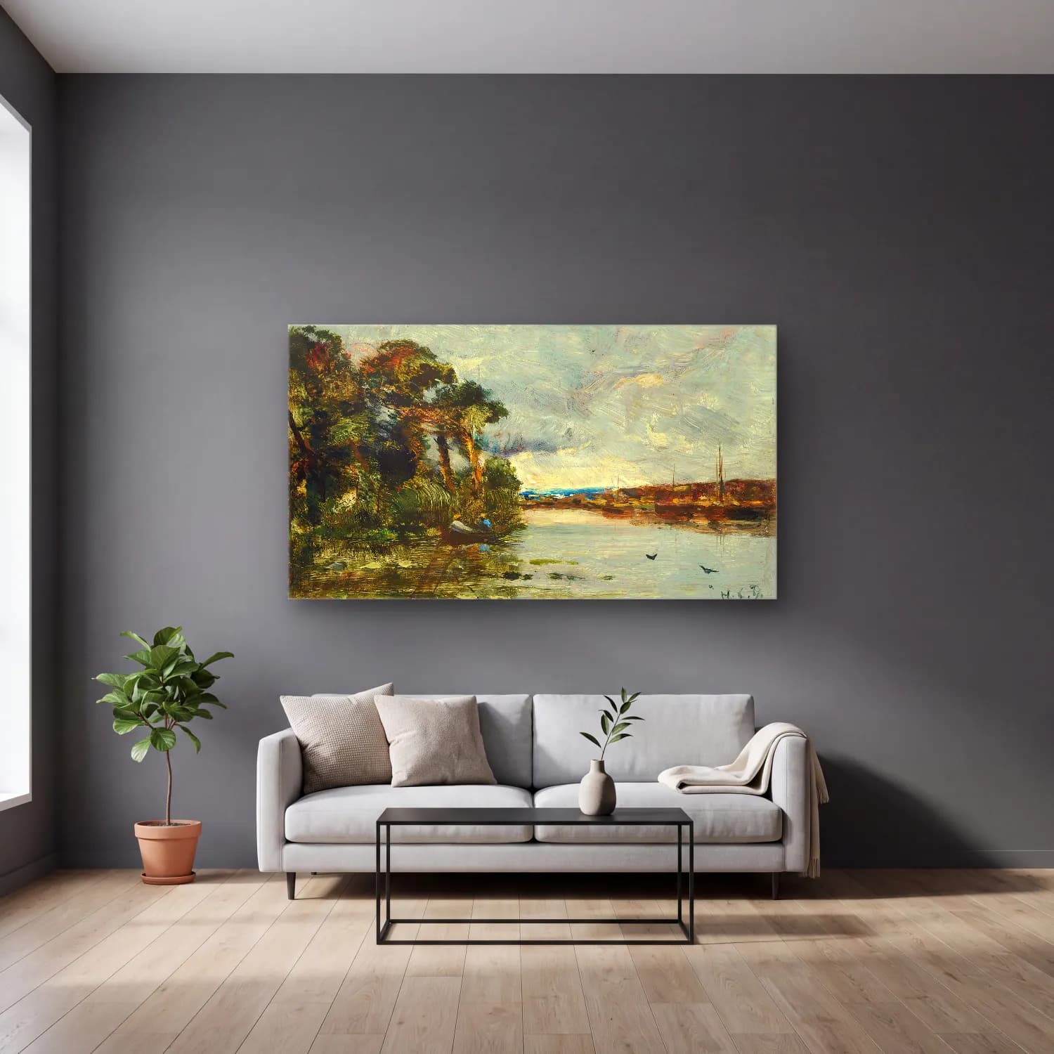 Hippolyte Camille Delpy – Canal De Pantin cam tablo — gri duvarlı salonda