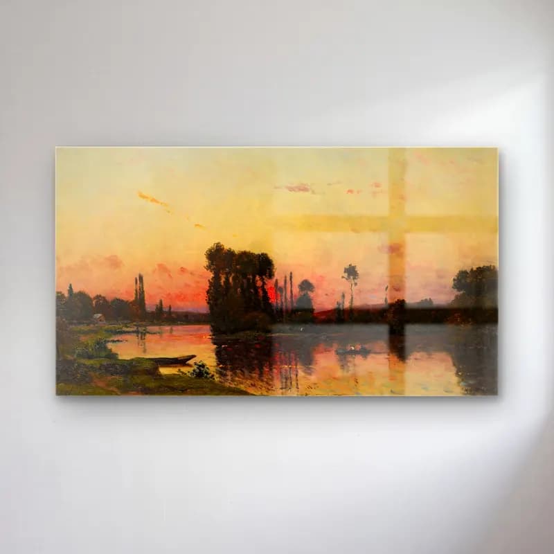 Hippolyte Camille Delpy – Coucher du soleil sur le rivage cam tablo — Hippolyte Camille Delpy – Coucher du soleil sur le rivage — empresyonist gün batımında göl