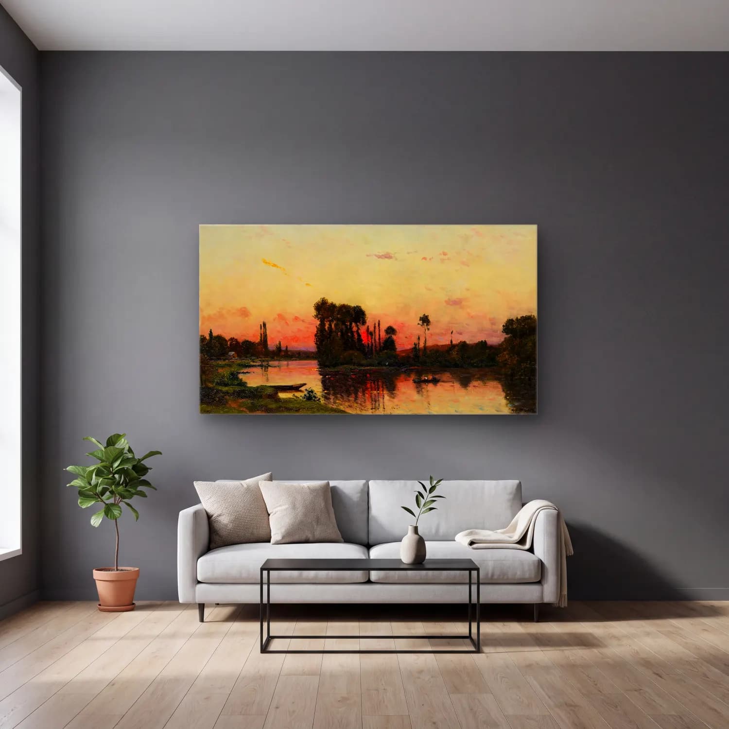 Hippolyte Camille Delpy – Coucher du soleil sur le rivage cam tablo — gri duvarlı salonda