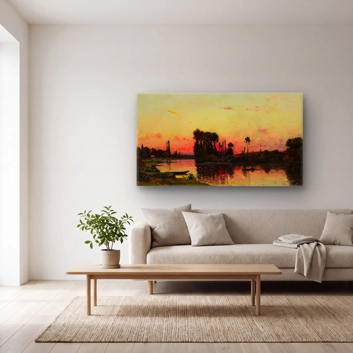 Hippolyte Camille Delpy – Coucher du soleil sur le rivage cam tablo — açık renk salonda