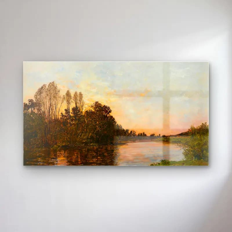 Hippolyte Camille Delpy – Soleil couchant près Mantes cam tablo — Hippolyte Camille Delpy – Soleil couchant près Mantes — empresyonist gün batımında göl