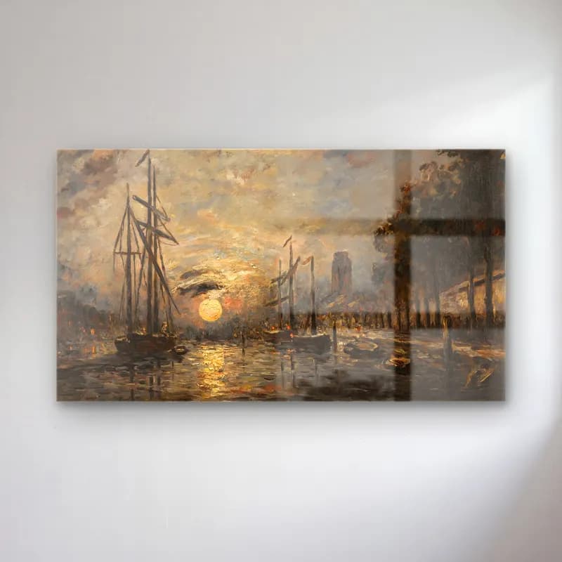 Johan Barthold Jongkind – Clair De Lune Sur Un Canal, Dordrecht cam tablo — Johan Barthold Jongkind – Clair De Lune Sur Un Canal, Dordrecht — empresyonist liman ve tekneler