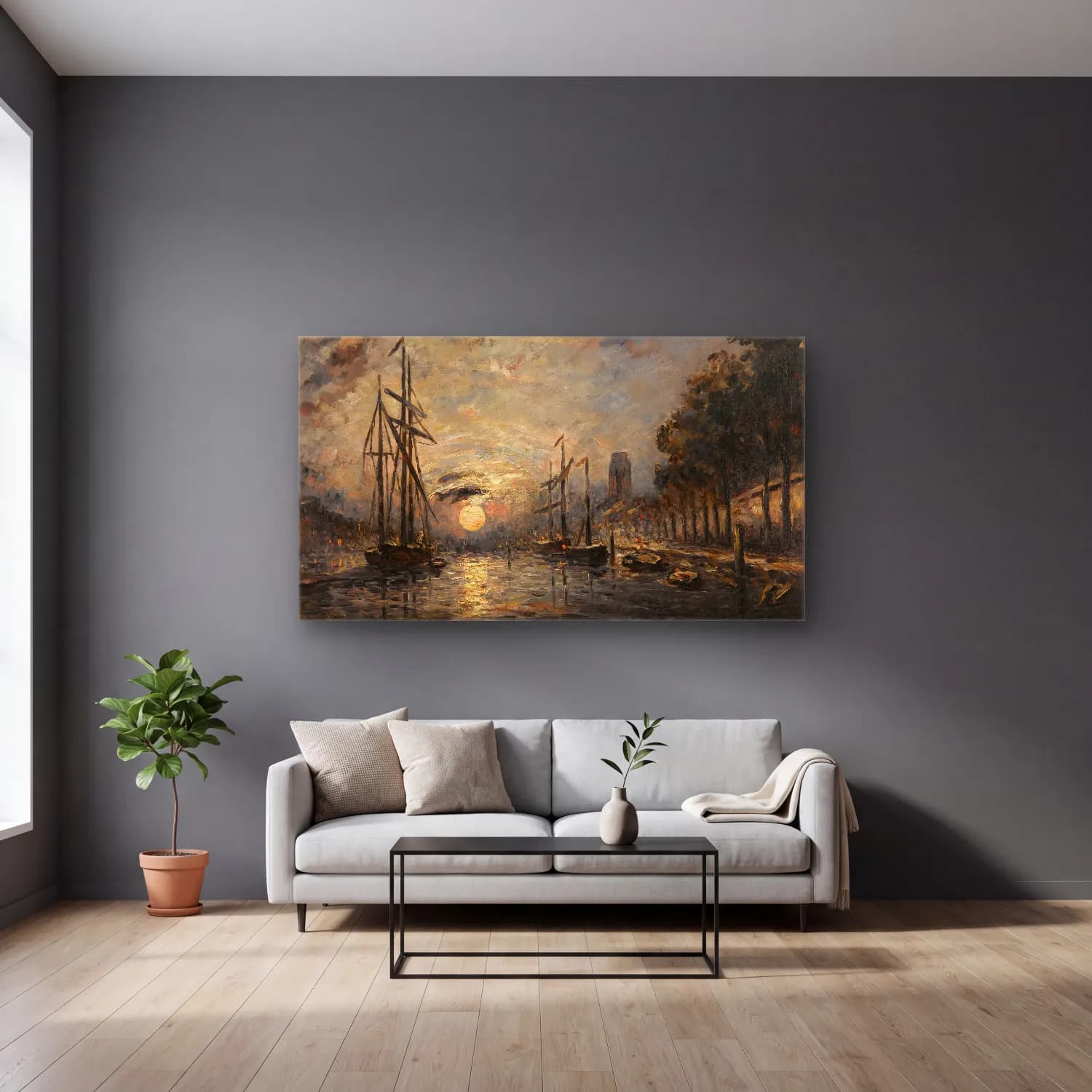 Johan Barthold Jongkind – Clair De Lune Sur Un Canal, Dordrecht cam tablo — gri duvarlı salonda