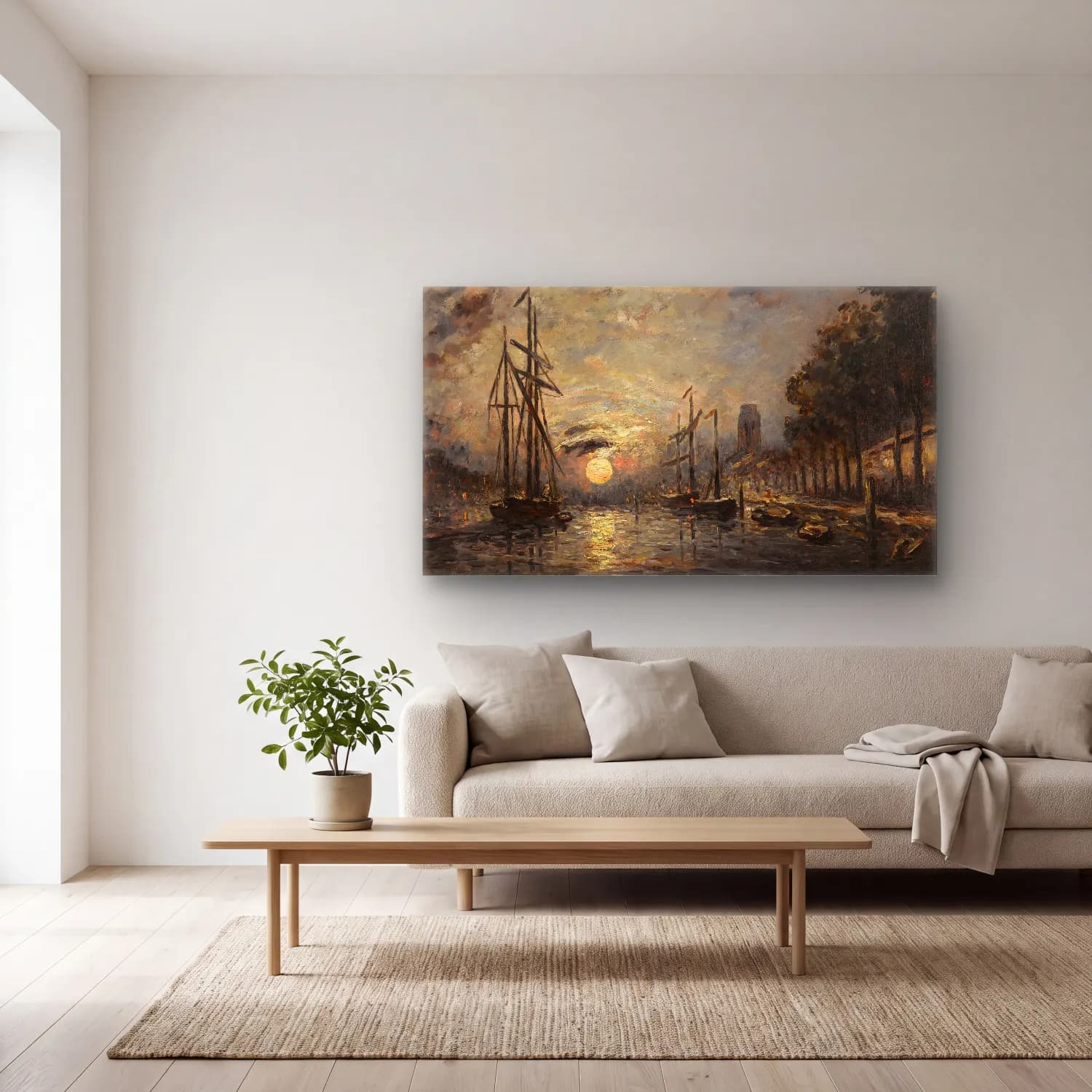 Johan Barthold Jongkind – Clair De Lune Sur Un Canal, Dordrecht cam tablo — açık renk salonda