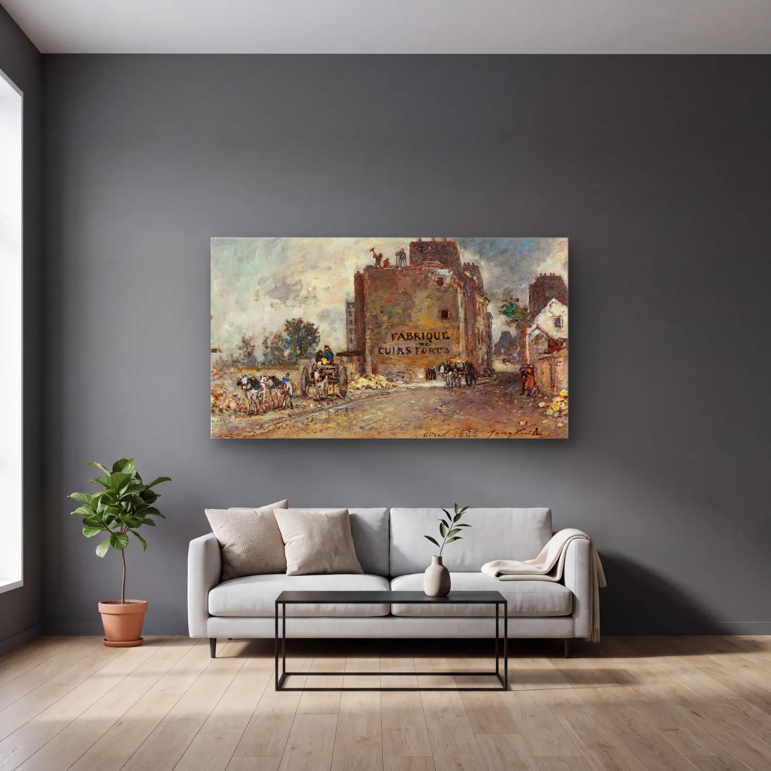 Johan Barthold Jongkind – Demolition work in Rue des Franc-Bourgeois St. Marcel cam tablo — gri duvarlı salonda