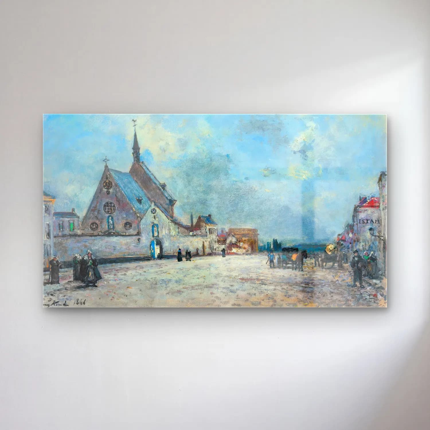 Johan Barthold Jongkind – La Place De L’église cam tablo — Johan Barthold Jongkind – La Place De L’église — empresyonist köy sokağı