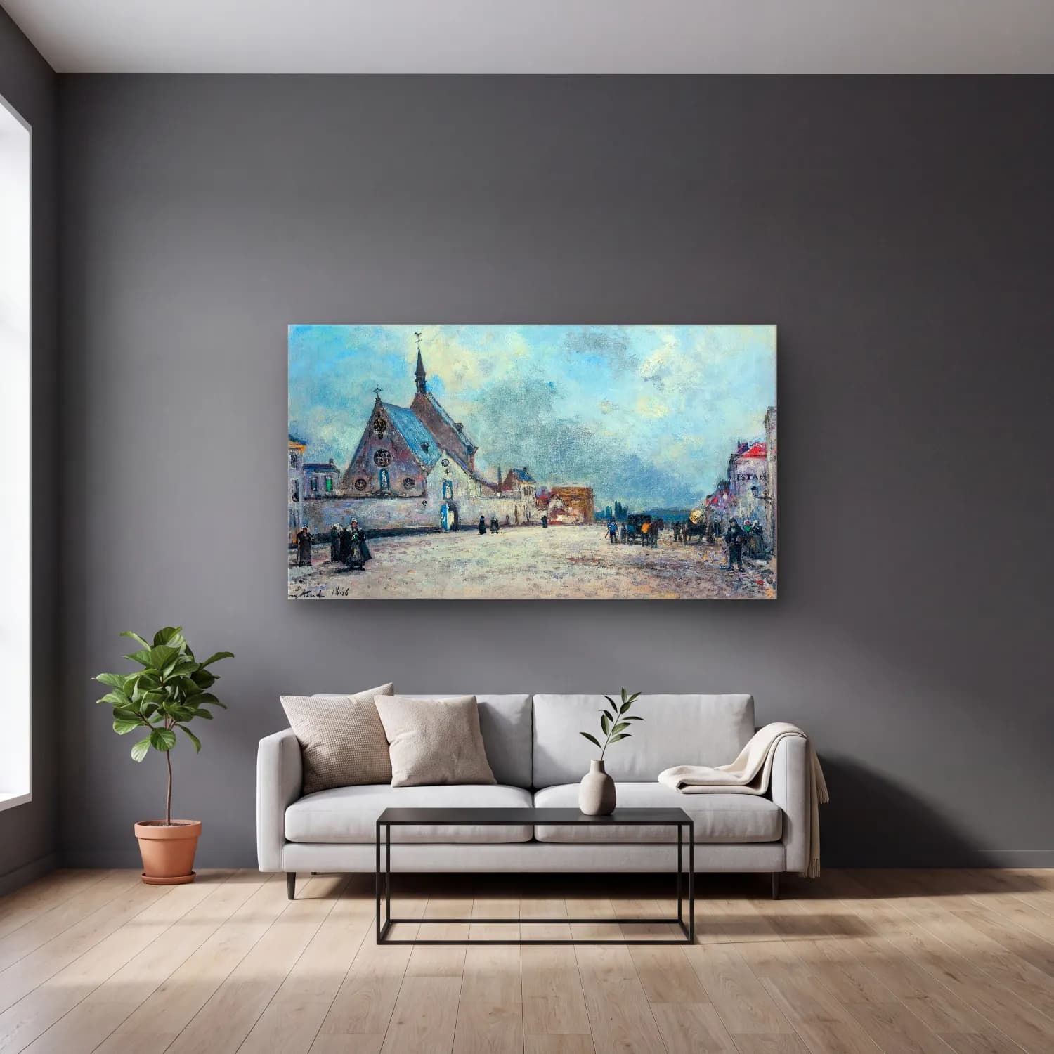 Johan Barthold Jongkind – La Place De L’église cam tablo — gri duvarlı salonda