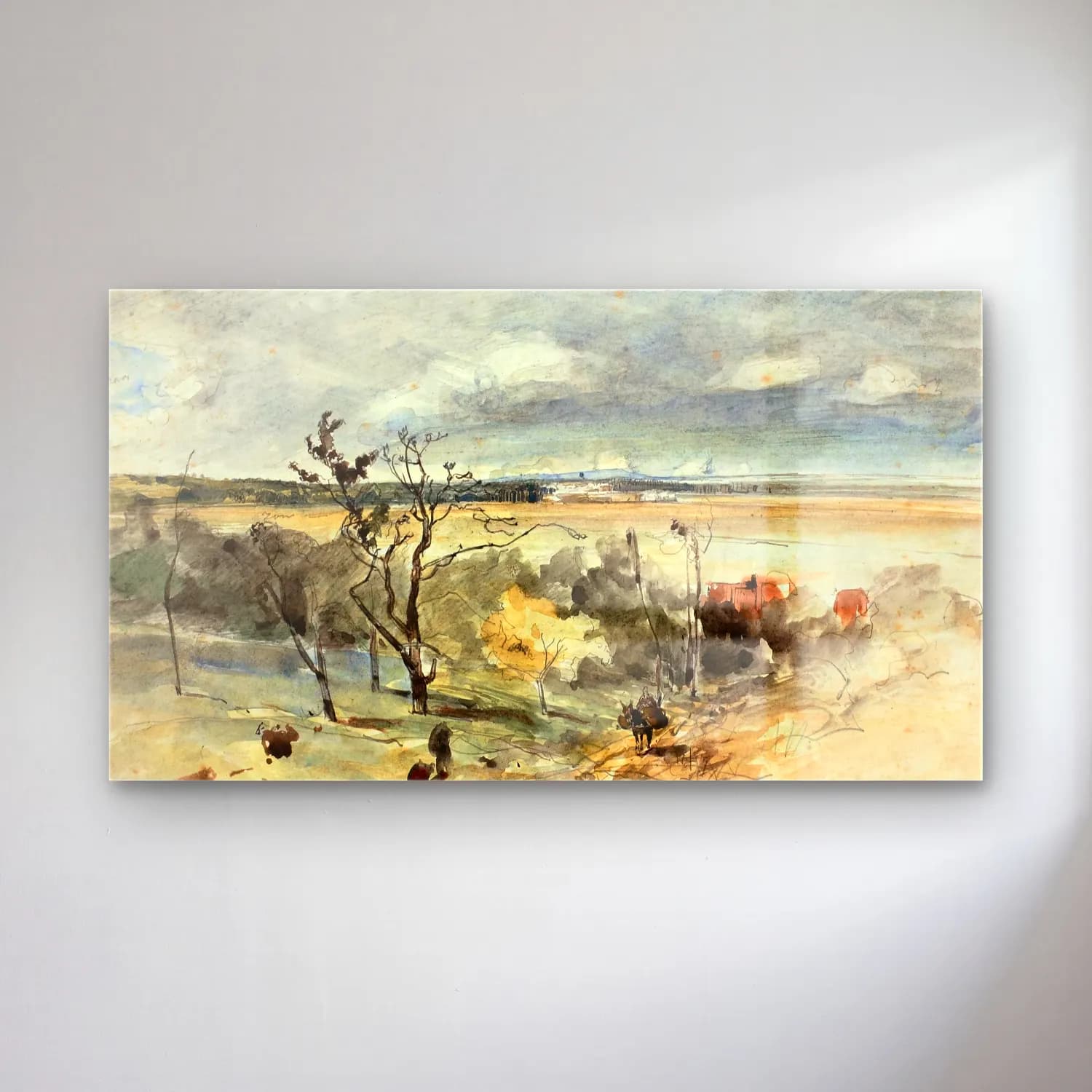 Johan Barthold Jongkind – Landscape with Man on a Donkey cam tablo — Johan Barthold Jongkind – Landscape with Man on a Donkey — suluboya kır evi
