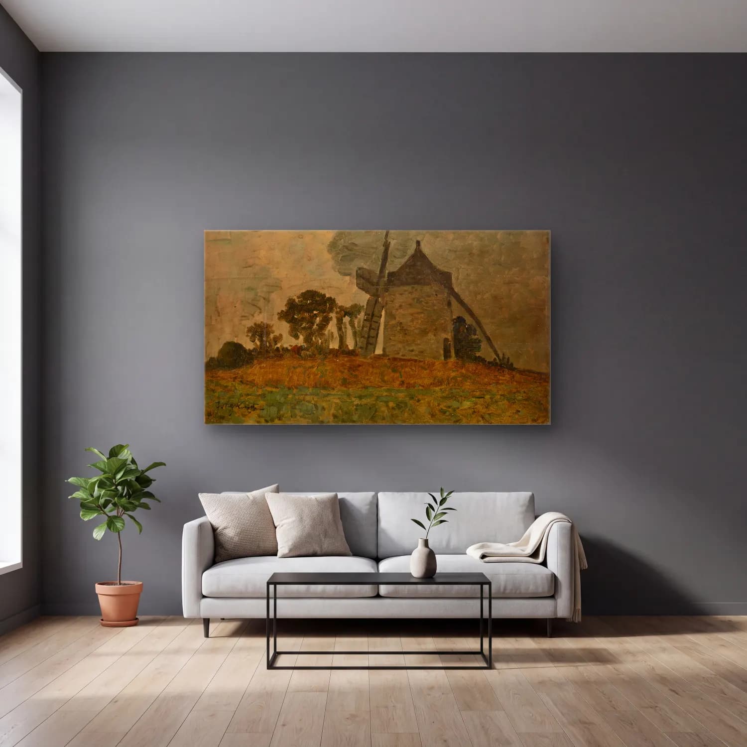 Johan Barthold Jongkind – Landscape with a Windmill (19th century) cam tablo — gri duvarlı salonda