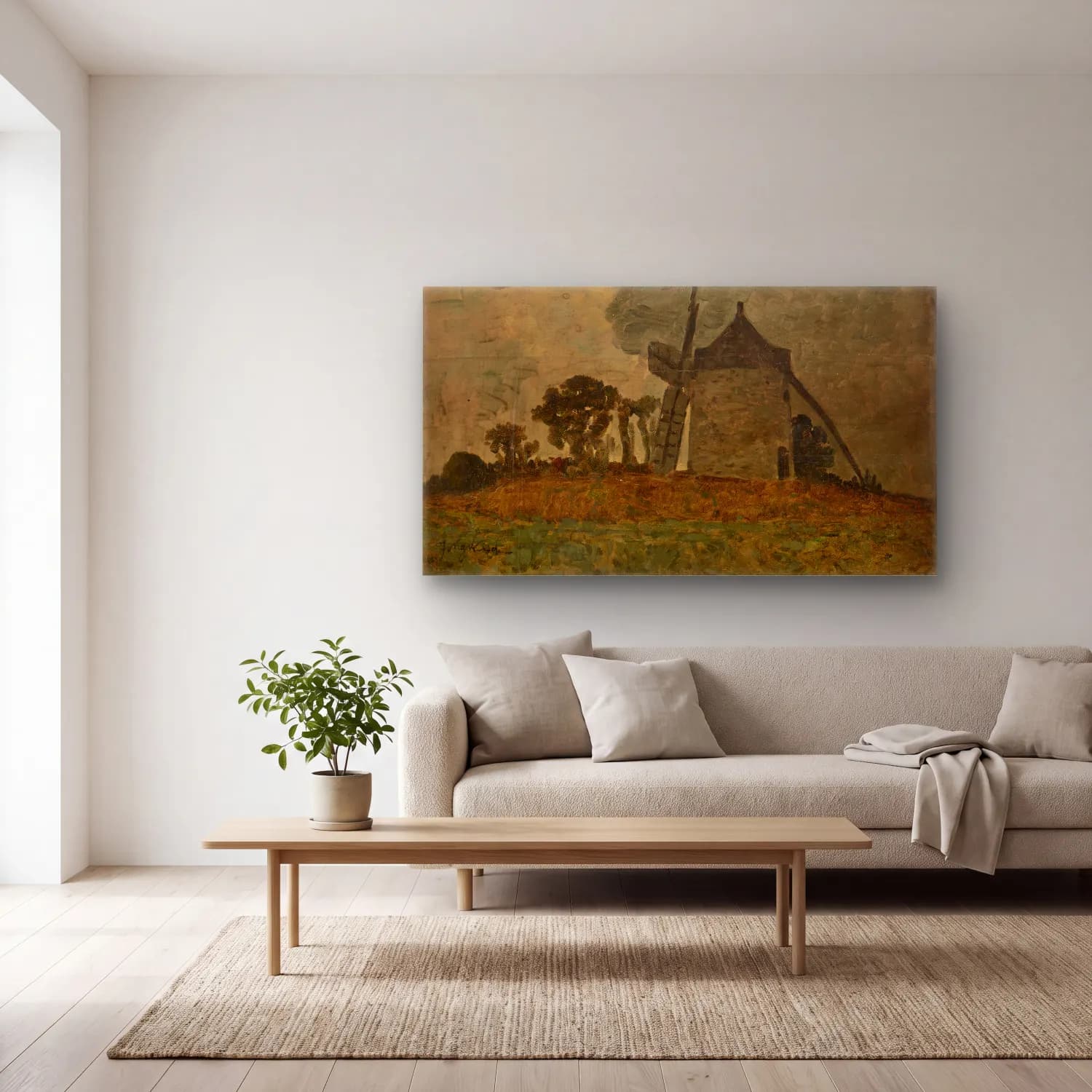 Johan Barthold Jongkind – Landscape with a Windmill (19th century) cam tablo — açık renk salonda