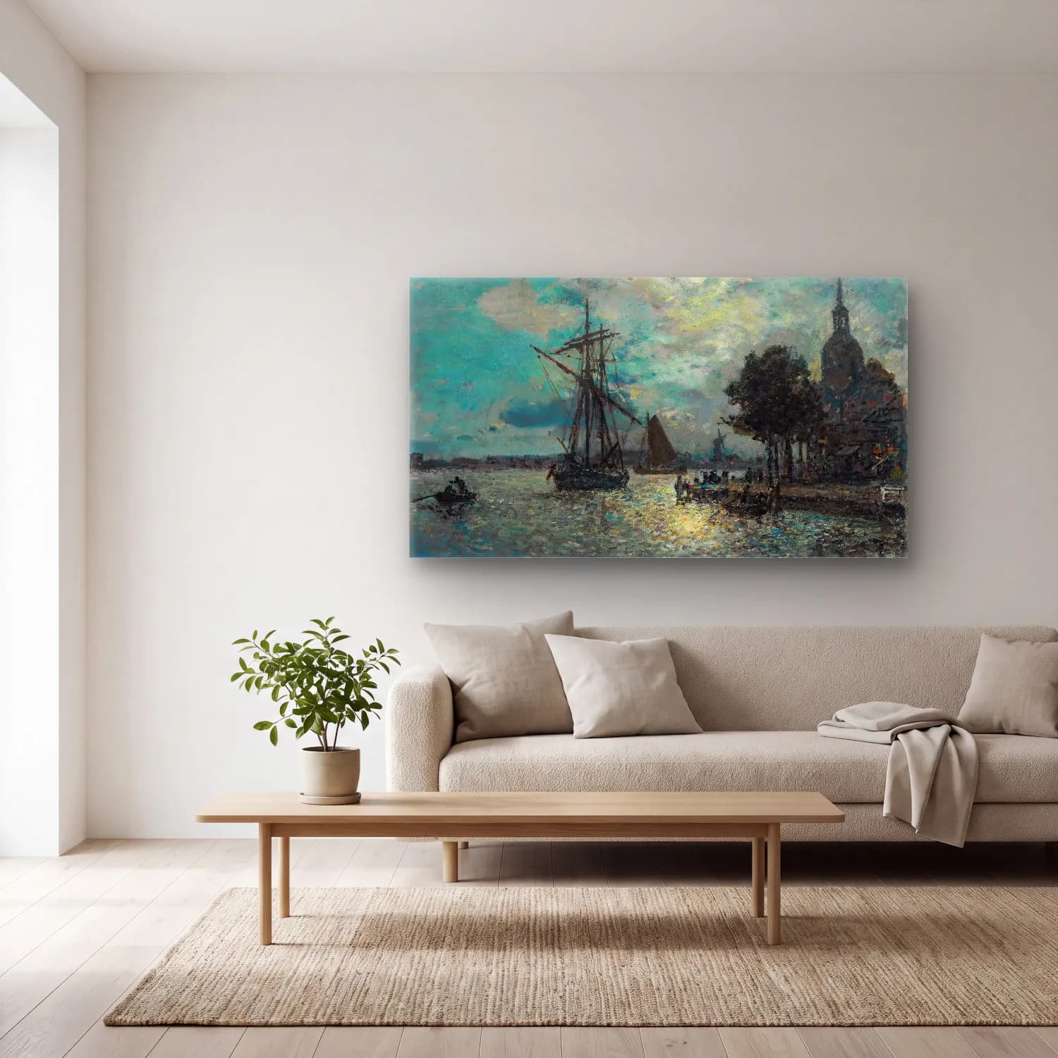 Johan Barthold Jongkind – Le Port De Dordrecht Au Clair De Lune cam tablo — açık renk salonda