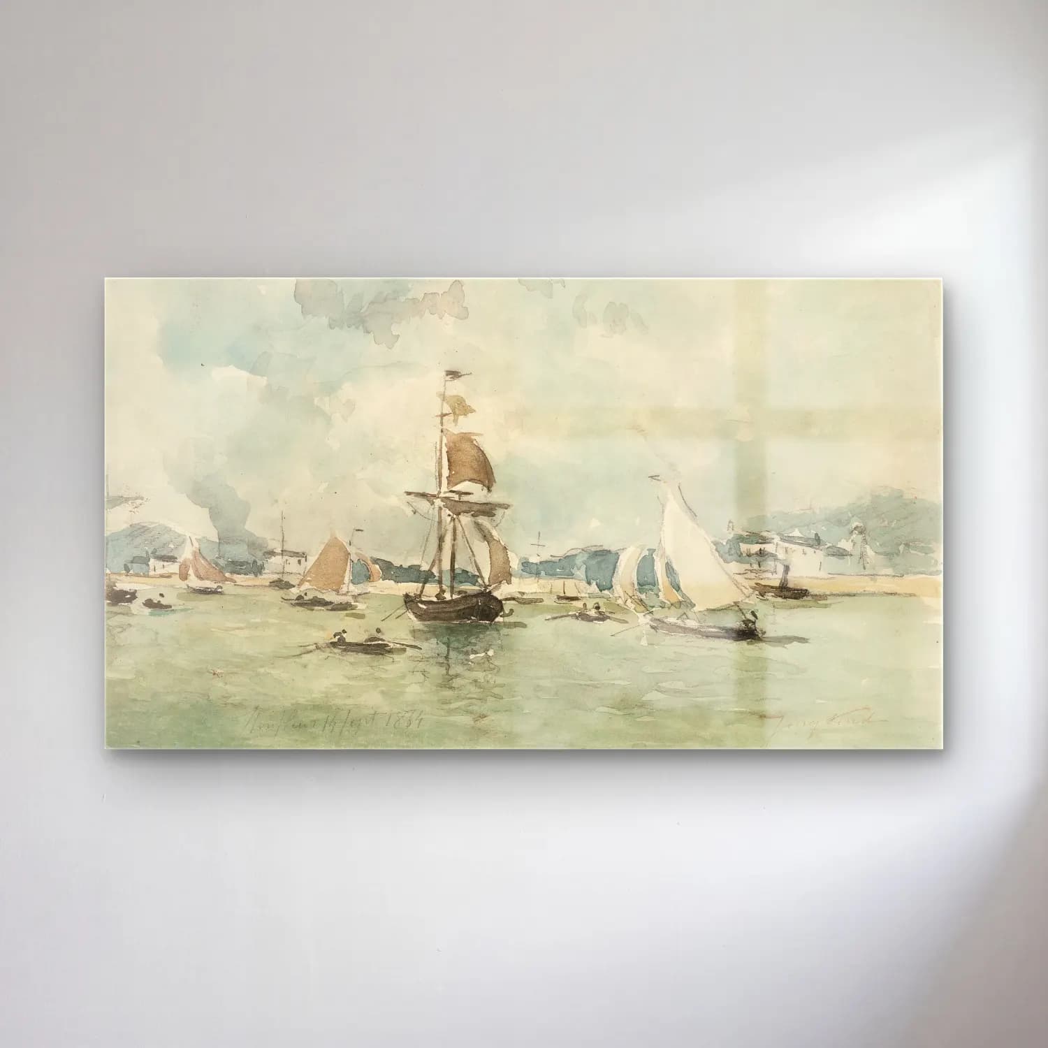 Johan Barthold Jongkind – The Port of Honfleur cam tablo — Johan Barthold Jongkind – The Port of Honfleur — suluboya liman ve tekneler