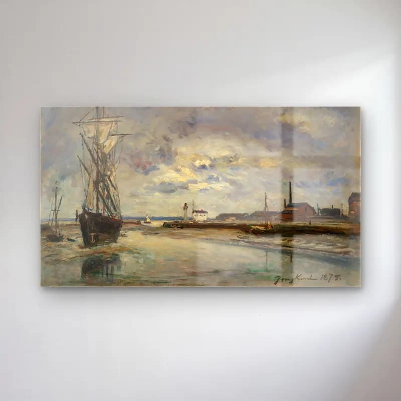 Johan Barthold Jongkind – The Port of Honfleur – Bej Tonlar cam tablo — Johan Barthold Jongkind – The Port of Honfleur – Bej Tonlar — empresyonist liman ve tekneler