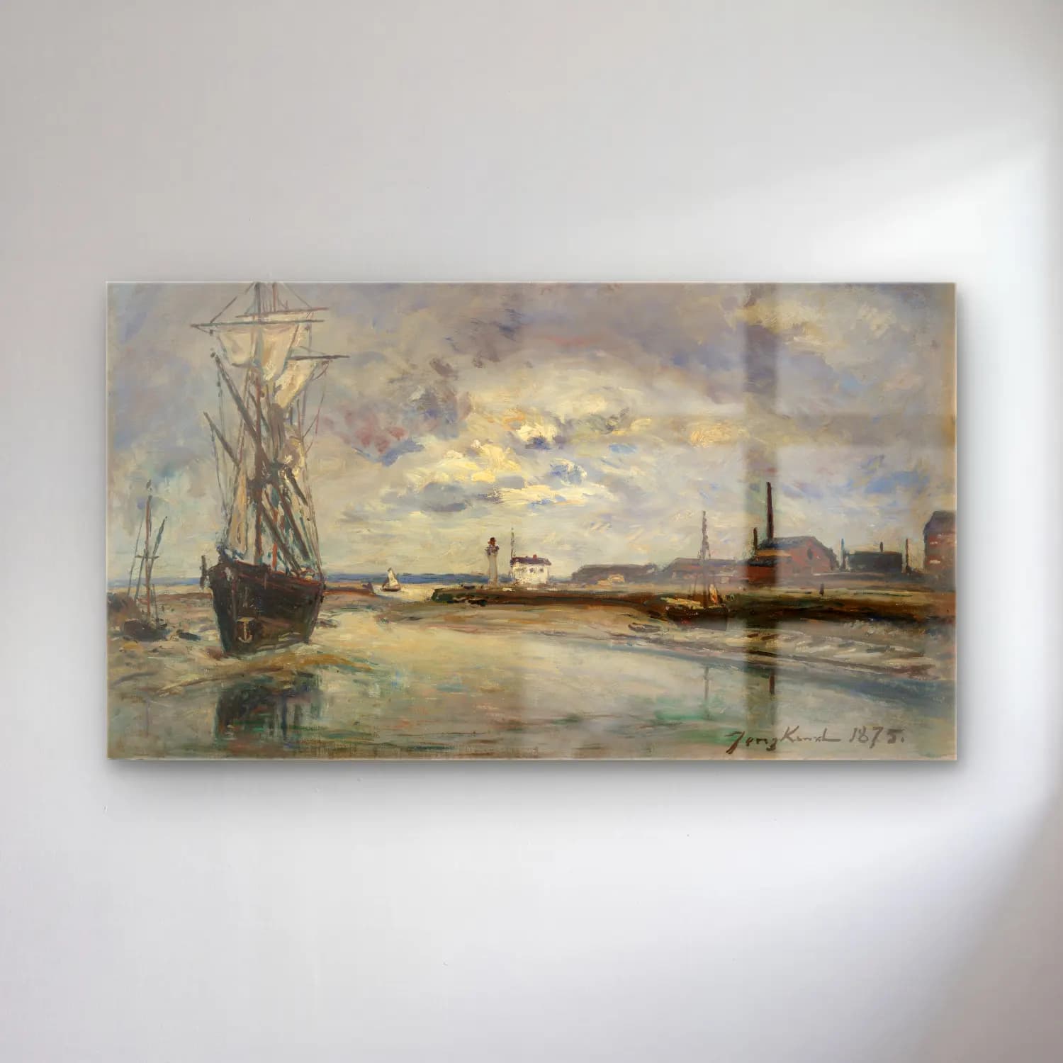 Johan Barthold Jongkind – The Port of Honfleur – Bej Tonlar cam tablo — Johan Barthold Jongkind – The Port of Honfleur – Bej Tonlar — empresyonist liman ve tekneler