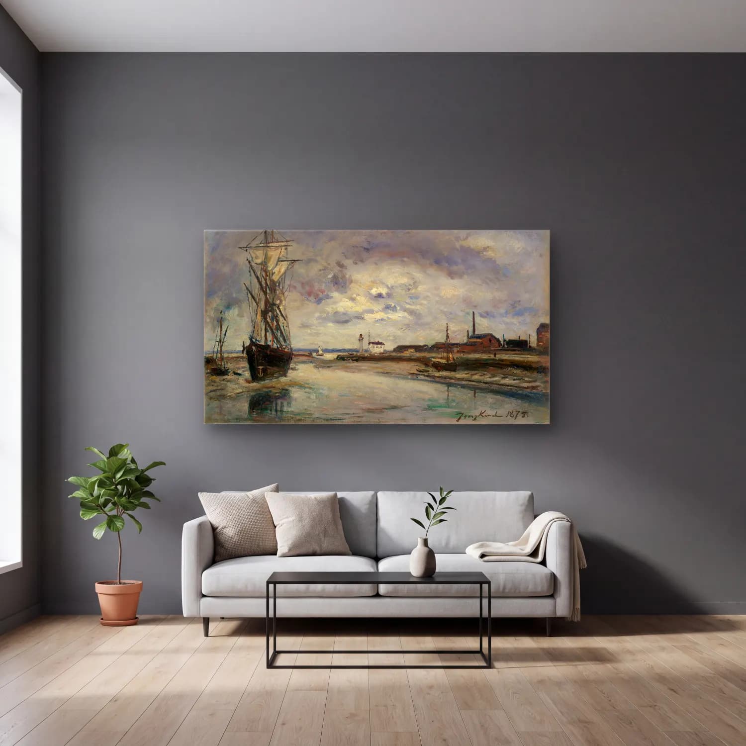 Johan Barthold Jongkind – The Port of Honfleur – Bej Tonlar cam tablo — gri duvarlı salonda