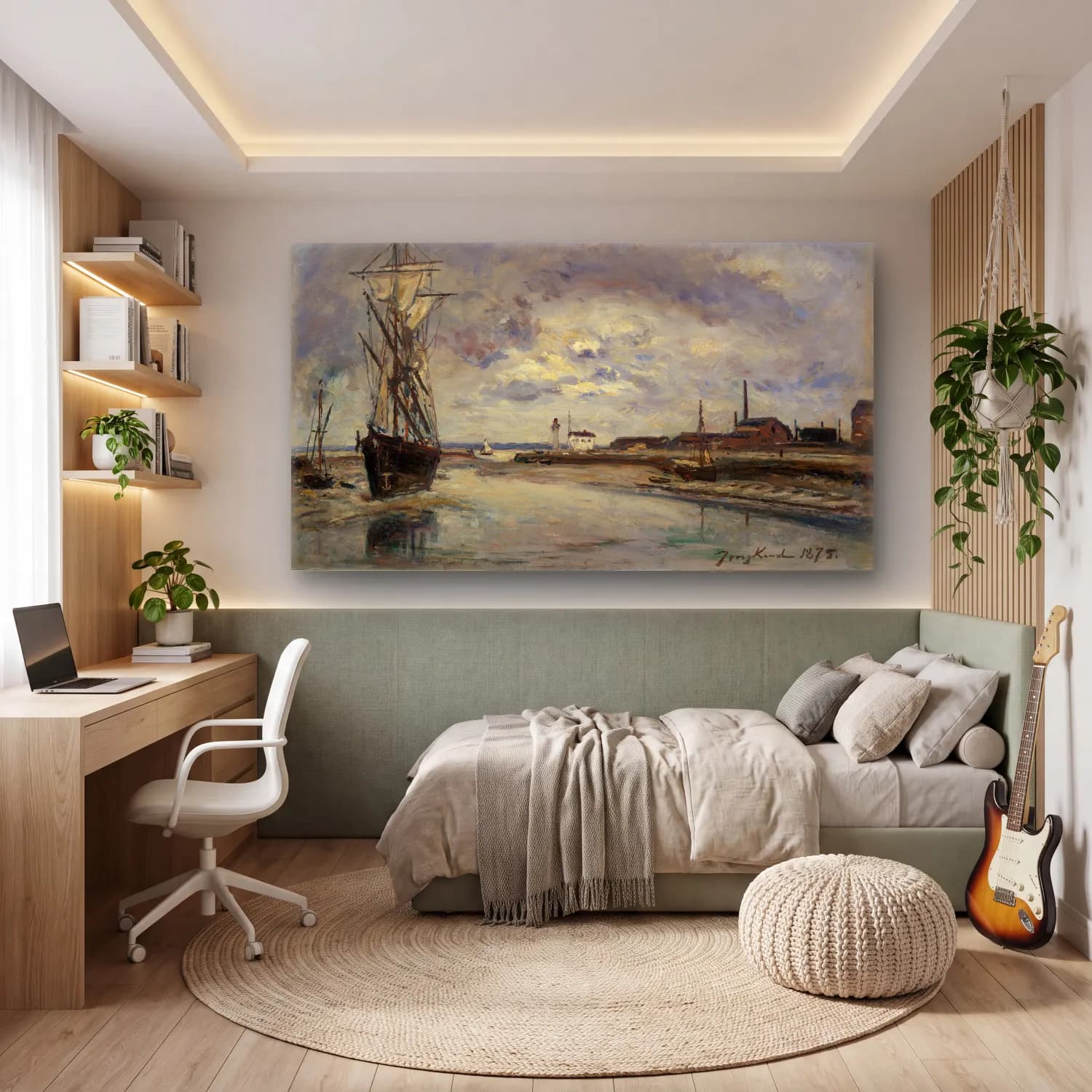 Johan Barthold Jongkind – The Port of Honfleur – Bej Tonlar cam tablo — genç odasında