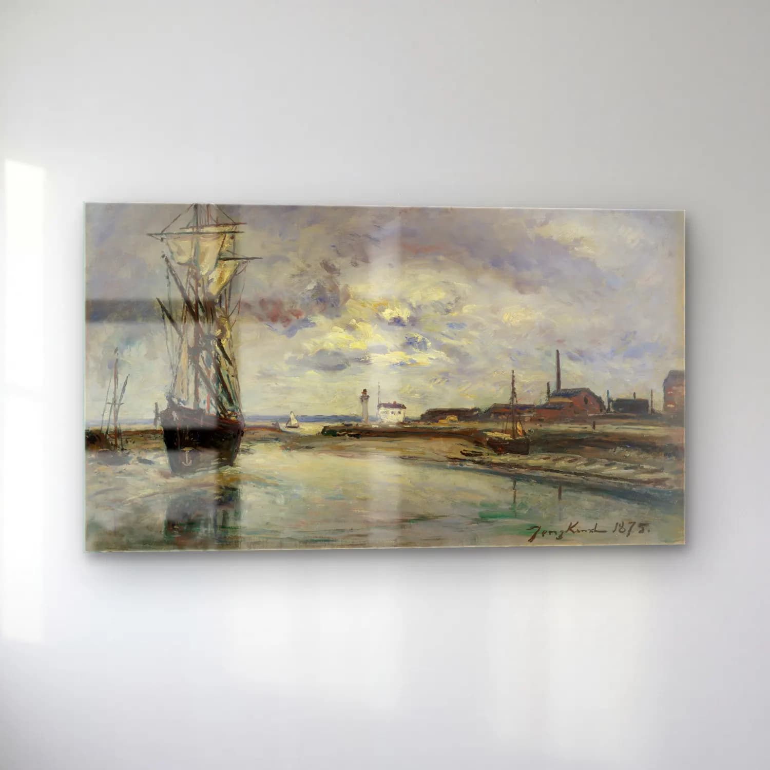 Johan Barthold Jongkind – The Port of Honfleur – Bej Tonlar cam tablo — sol açıdan görünüm