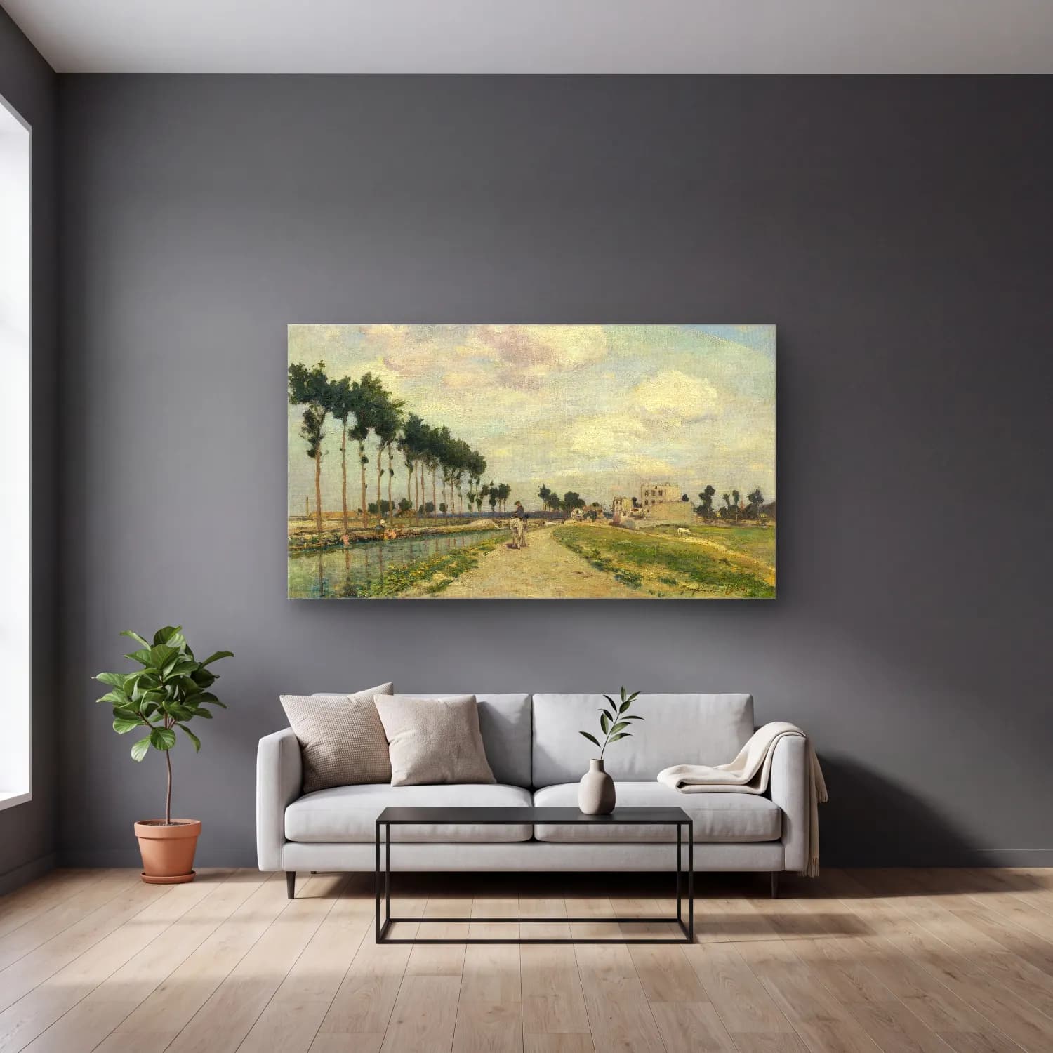 Johan Barthold Jongkind – The Towpath cam tablo — gri duvarlı salonda