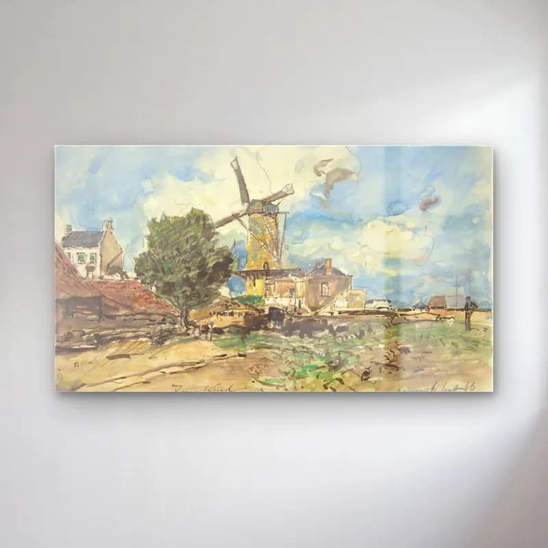 Johan Barthold Jongkind – Wind Mill at Antwerp cam tablo — Johan Barthold Jongkind – Wind Mill at Antwerp — suluboya kır evi