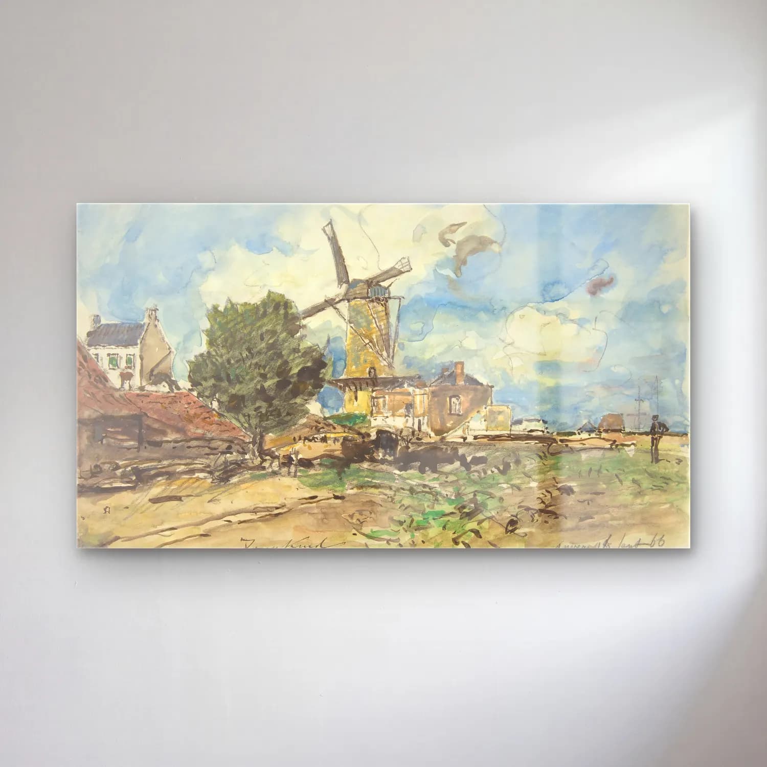 Johan Barthold Jongkind – Wind Mill at Antwerp cam tablo — Johan Barthold Jongkind – Wind Mill at Antwerp — suluboya kır evi