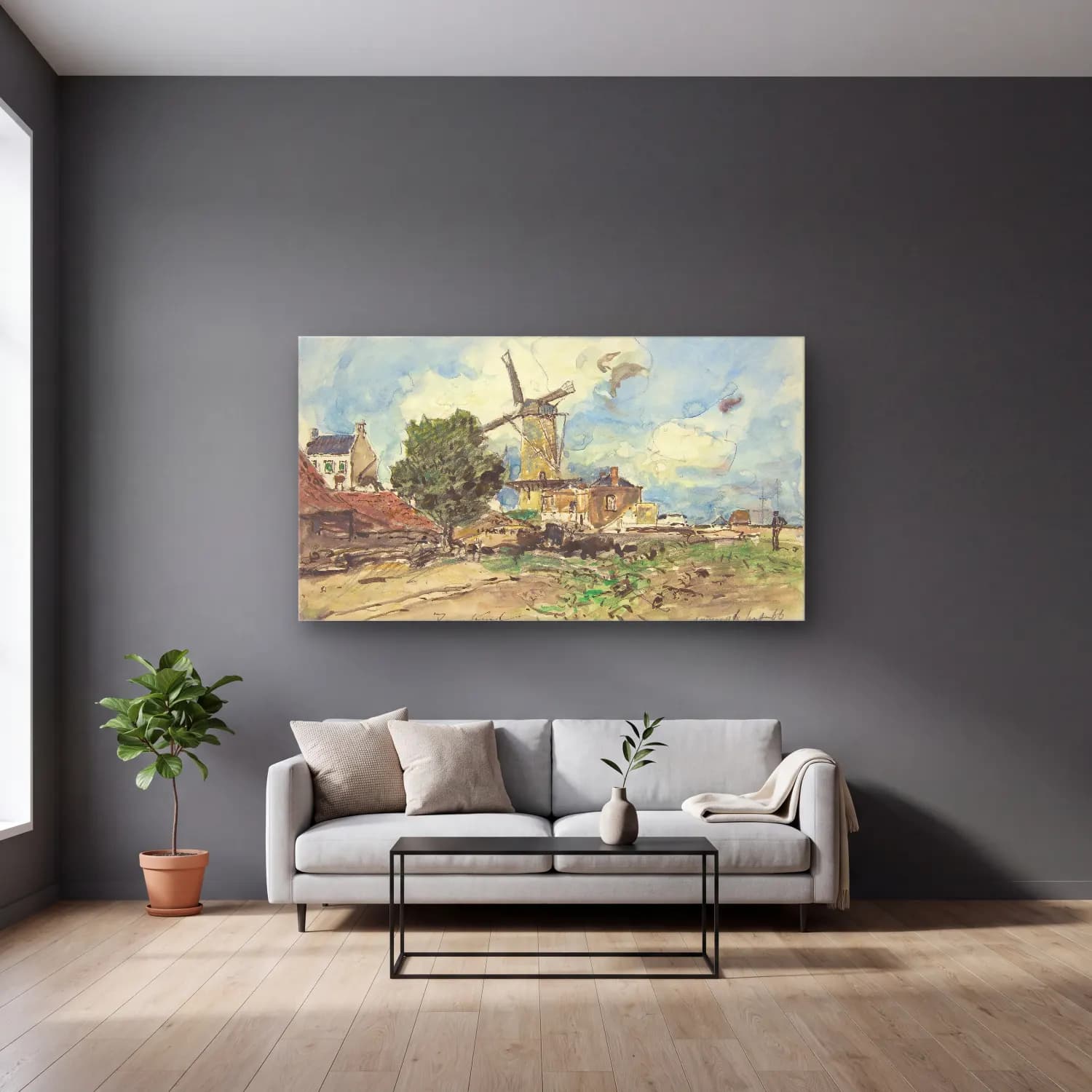 Johan Barthold Jongkind – Wind Mill at Antwerp cam tablo — gri duvarlı salonda