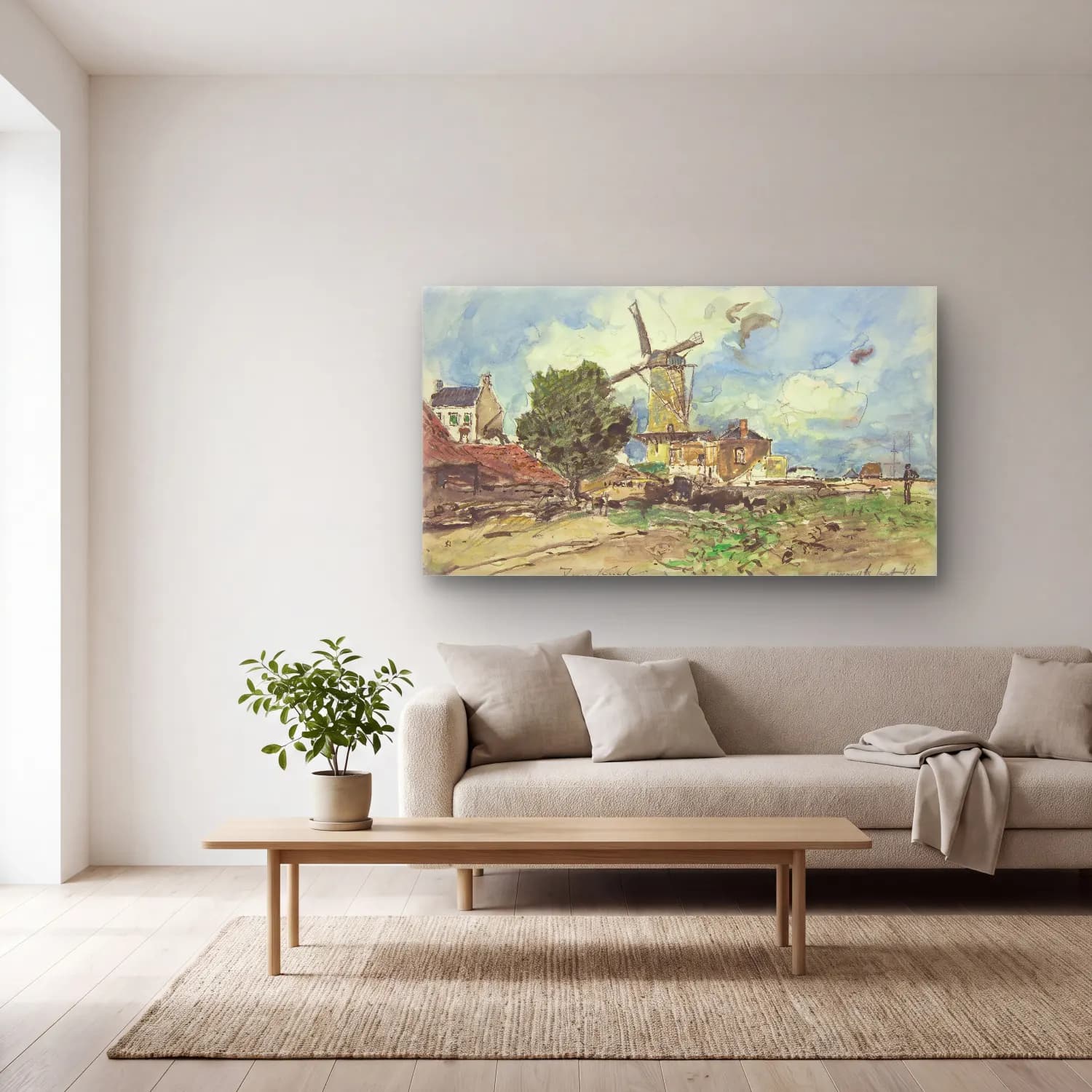 Johan Barthold Jongkind – Wind Mill at Antwerp cam tablo — açık renk salonda