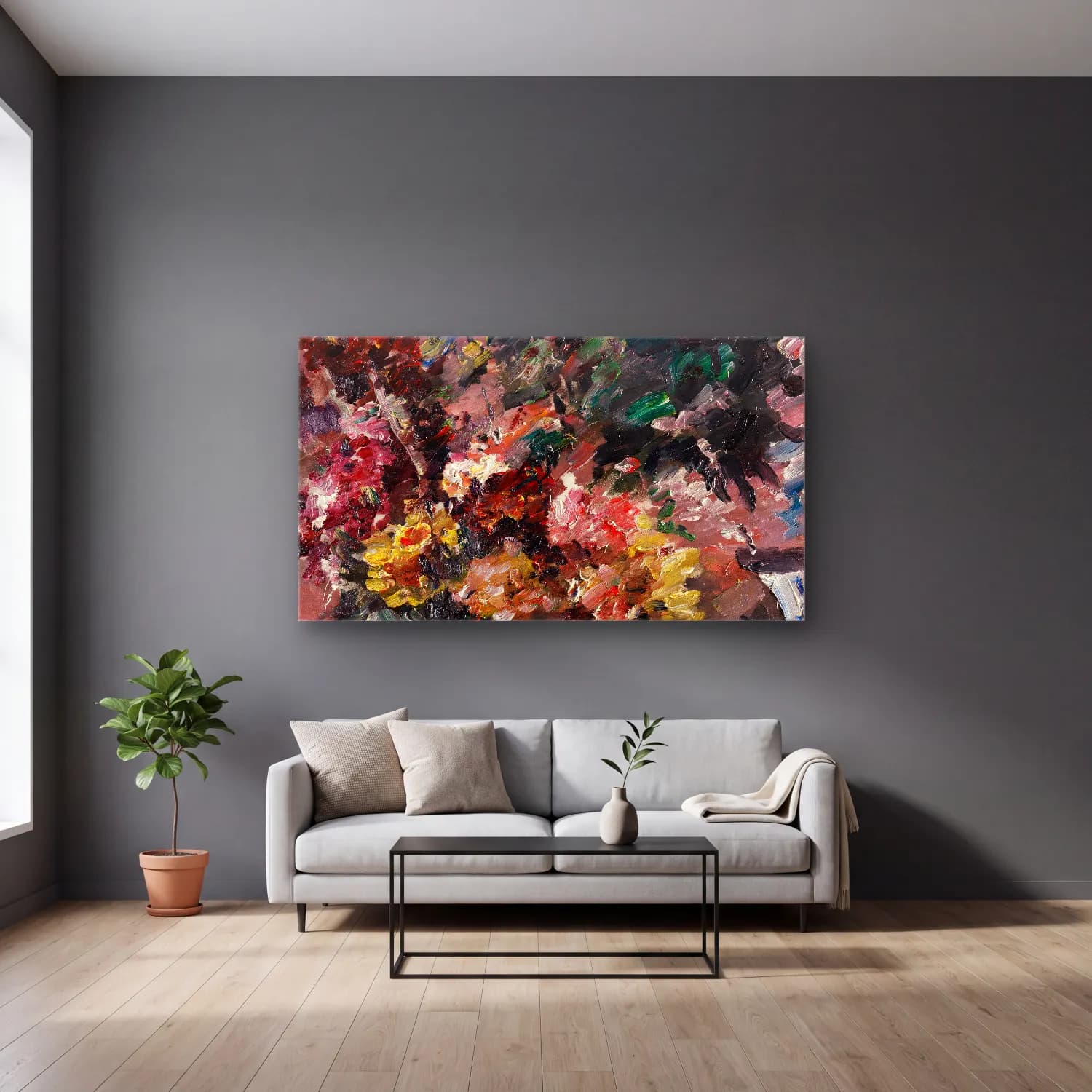 Lovis Corinth – Blumen im Bronzekübel cam tablo — gri duvarlı salonda
