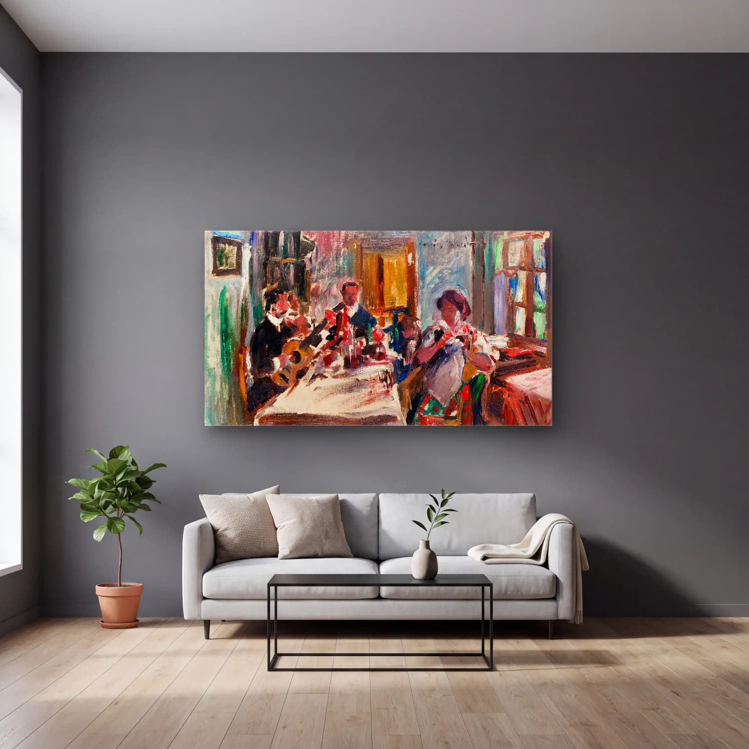 Lovis Corinth – Tiroler Bauernstube cam tablo — gri duvarlı salonda